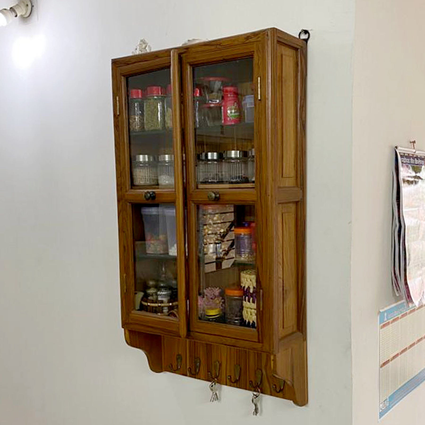 24 x 7 x 36 Inch Glass and Teak Wooden Wall Cabinet Wall Cabinet