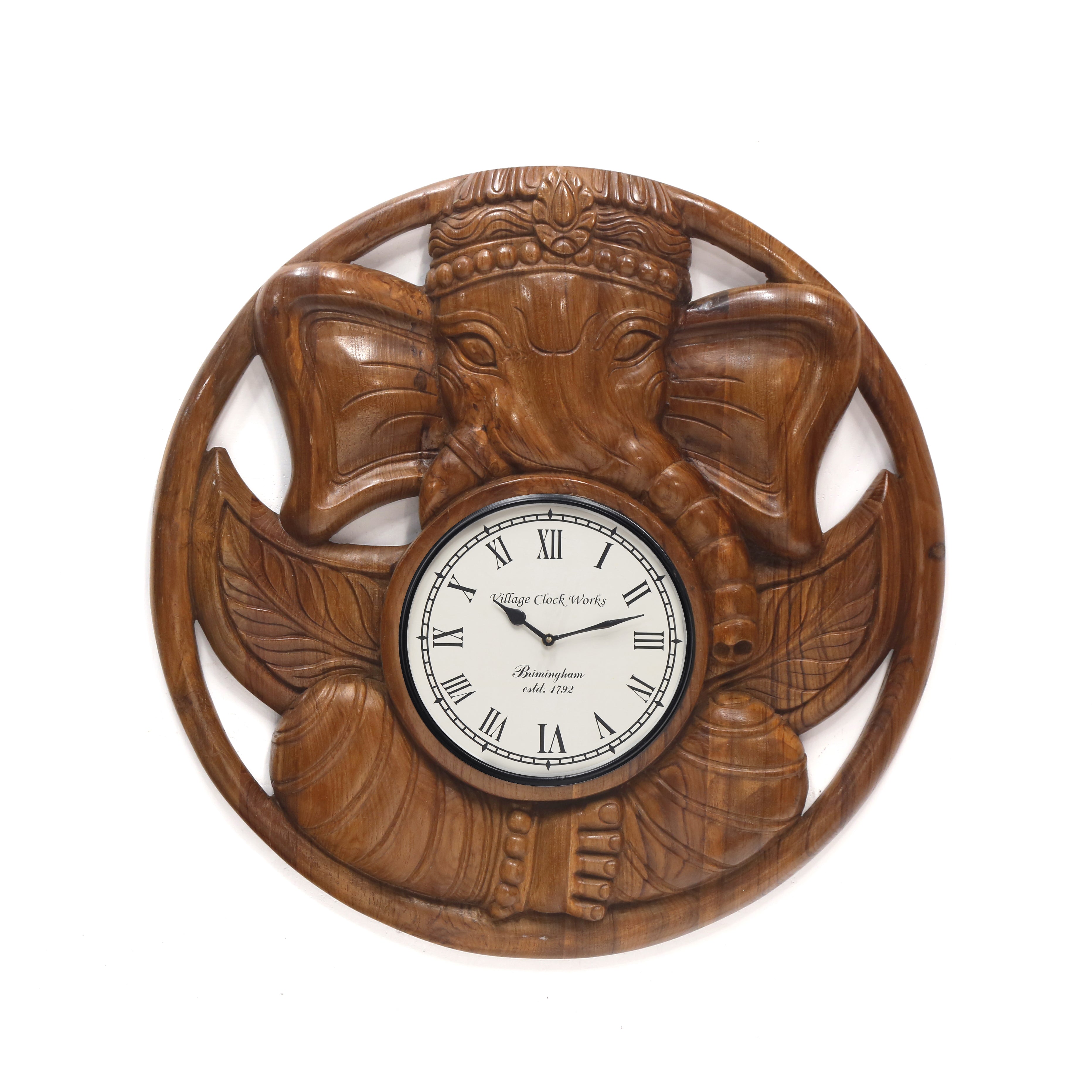 Serene Ganesha Carved Wooden Handmade Clock Clock