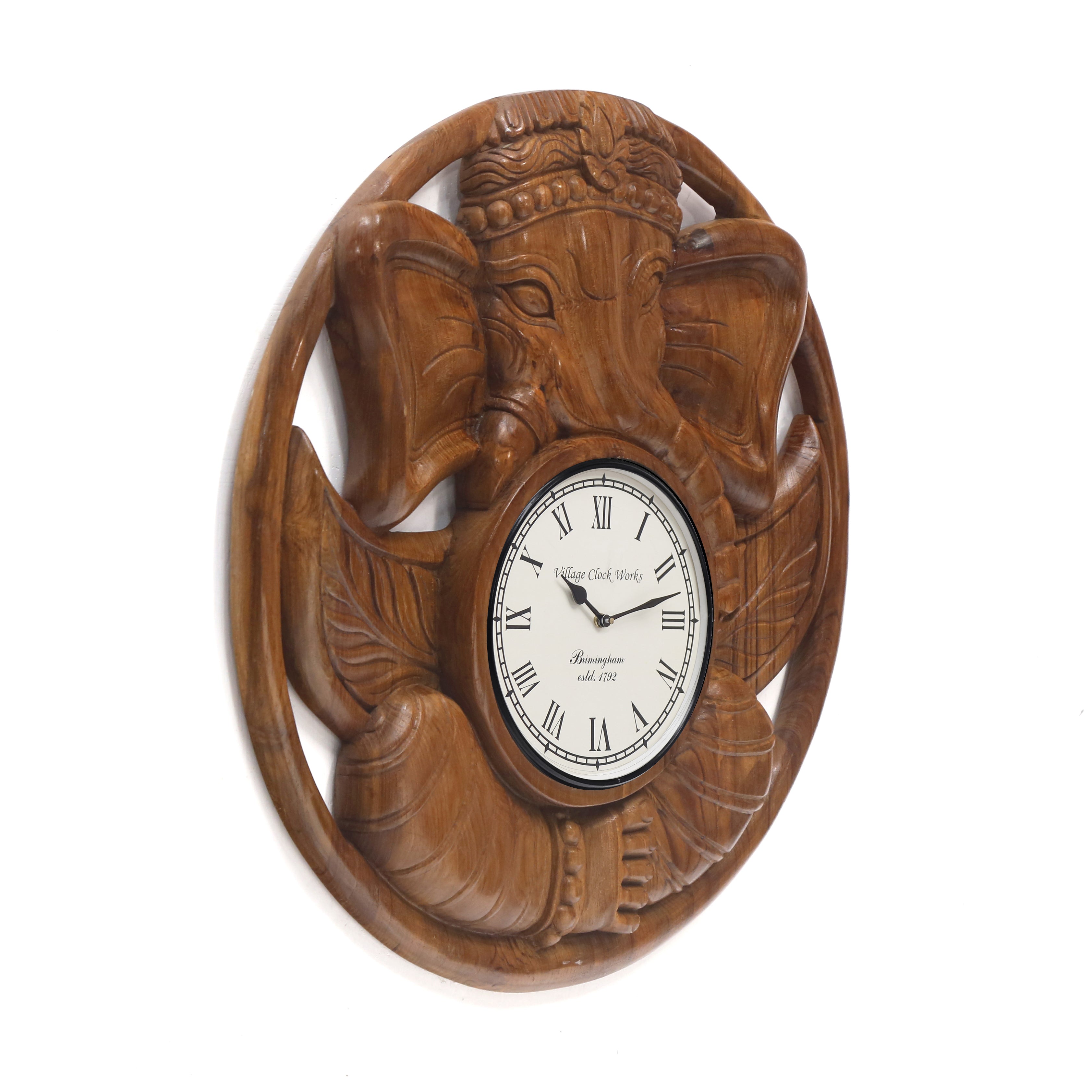 Serene Ganesha Carved Wooden Handmade Clock Clock