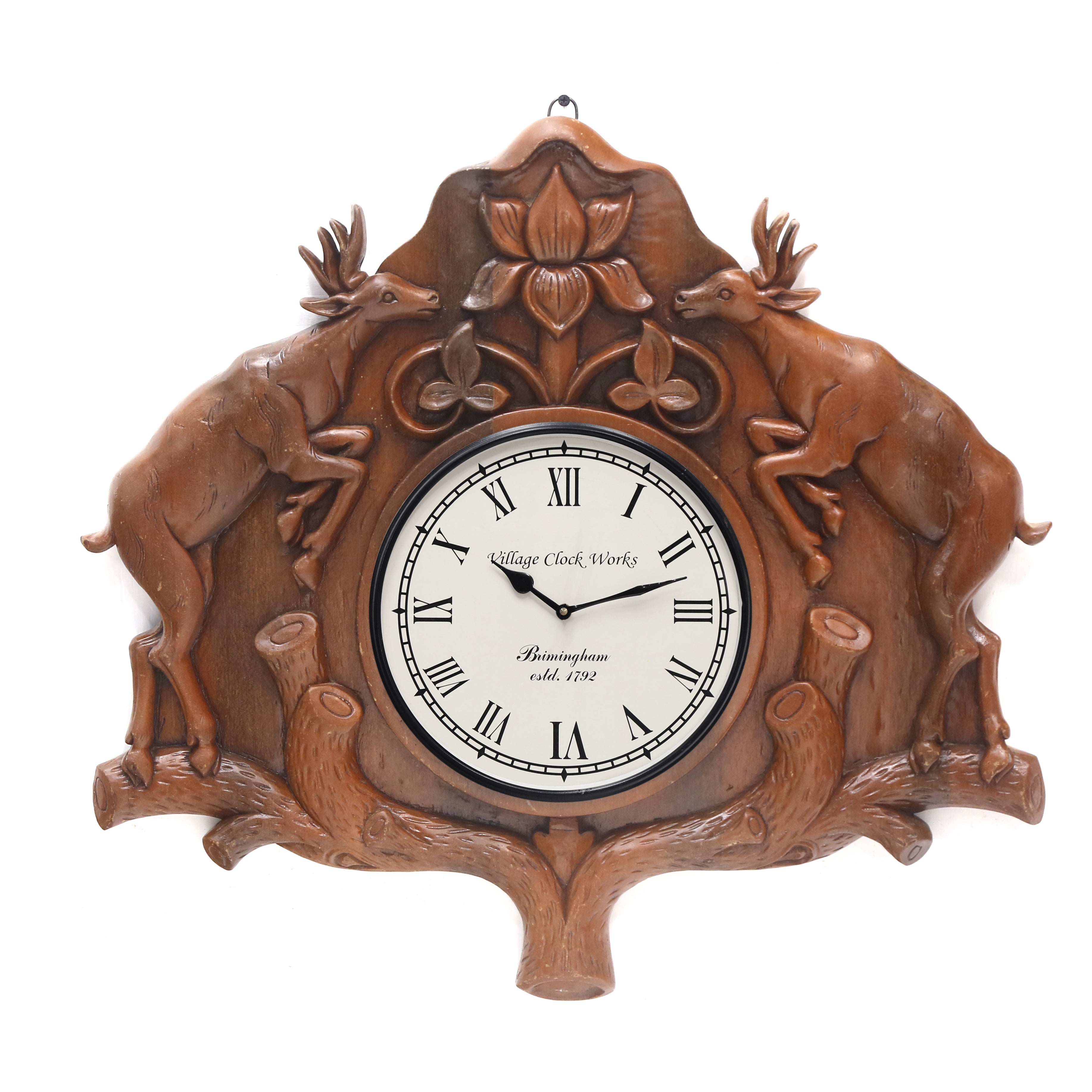 Natural Light Brown Wooden Handcarved Deer Clock Clock