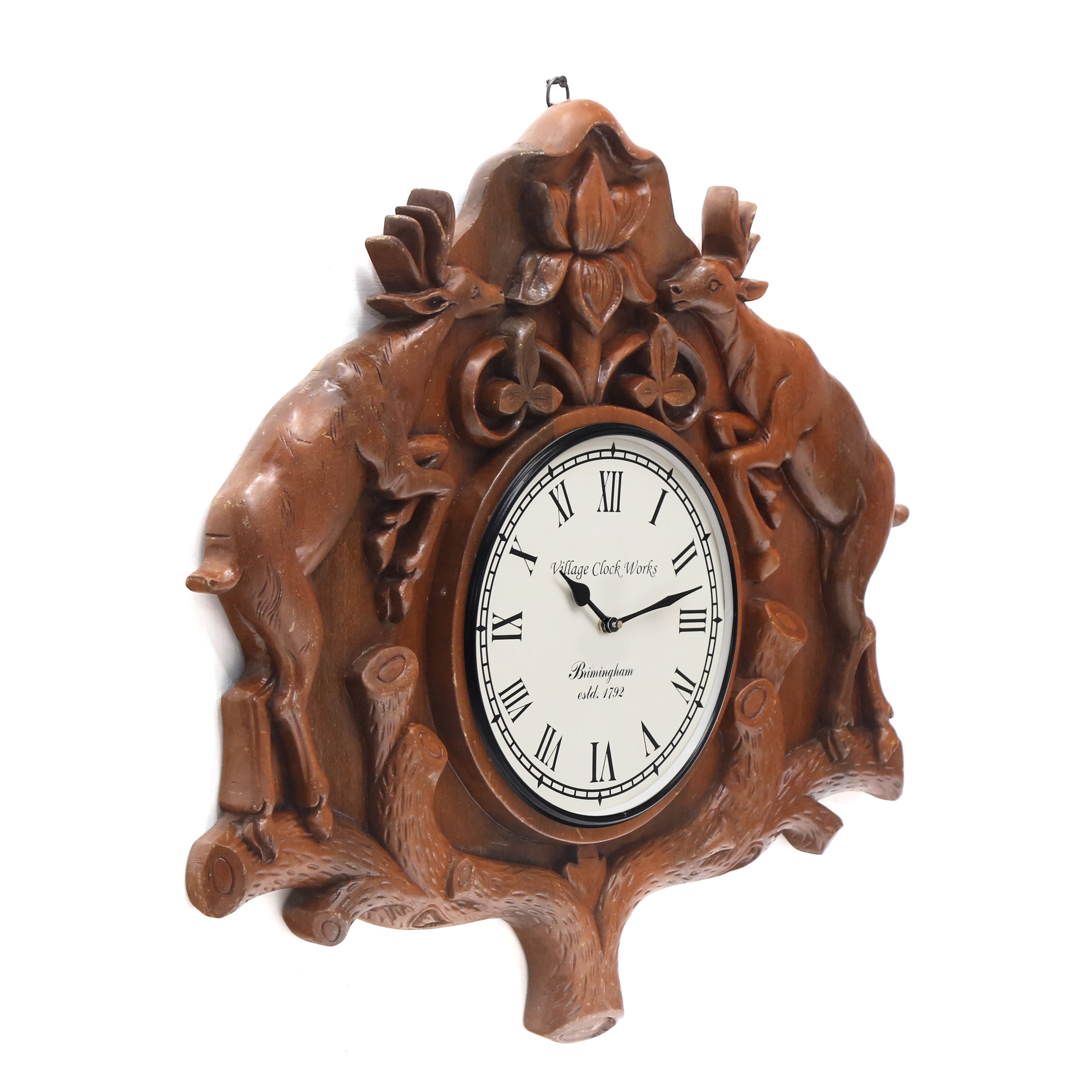 Natural Light Brown Wooden Handcarved Deer Clock Clock