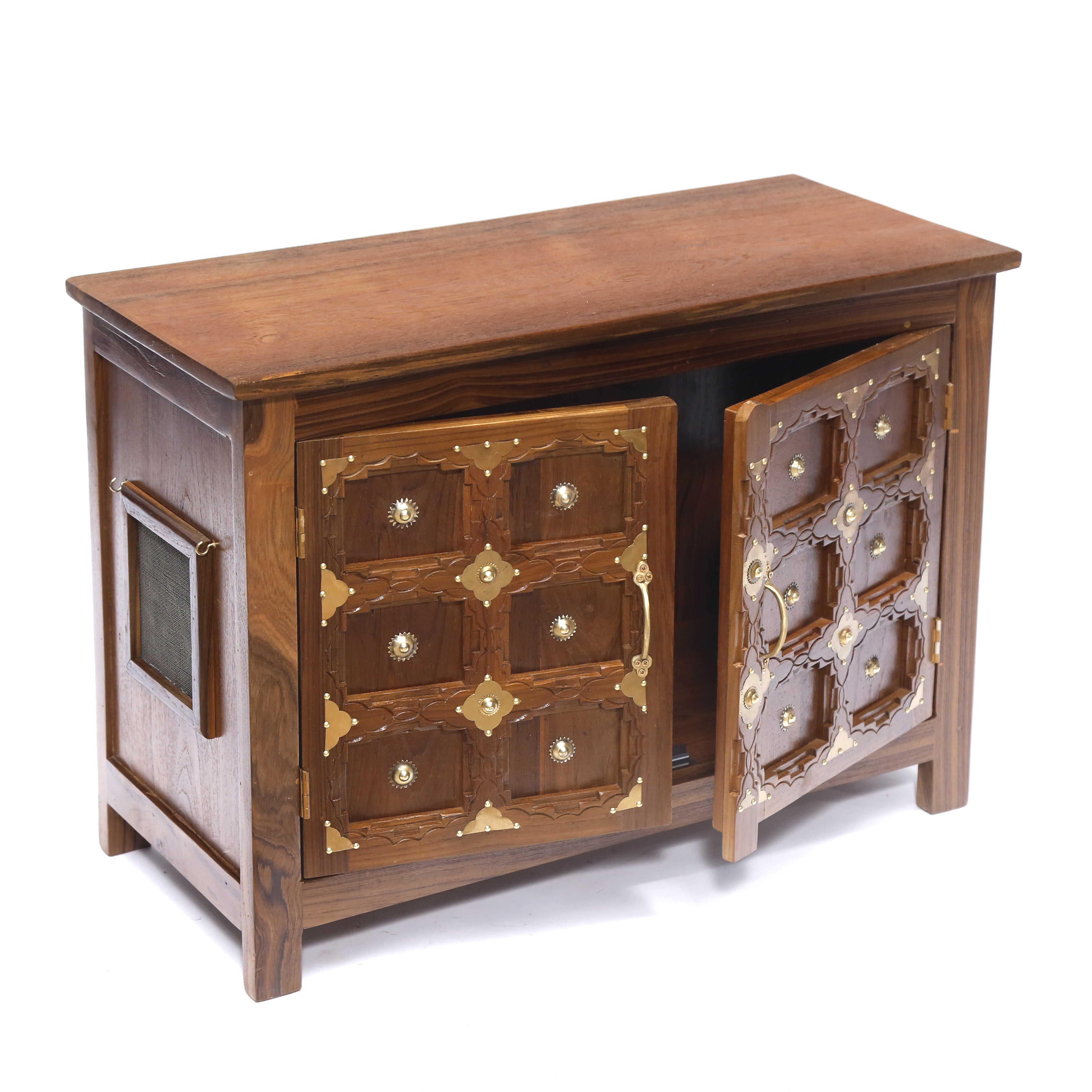 Brass Carved Teakwood Side Jali Shoe Cabinet Shoe rack