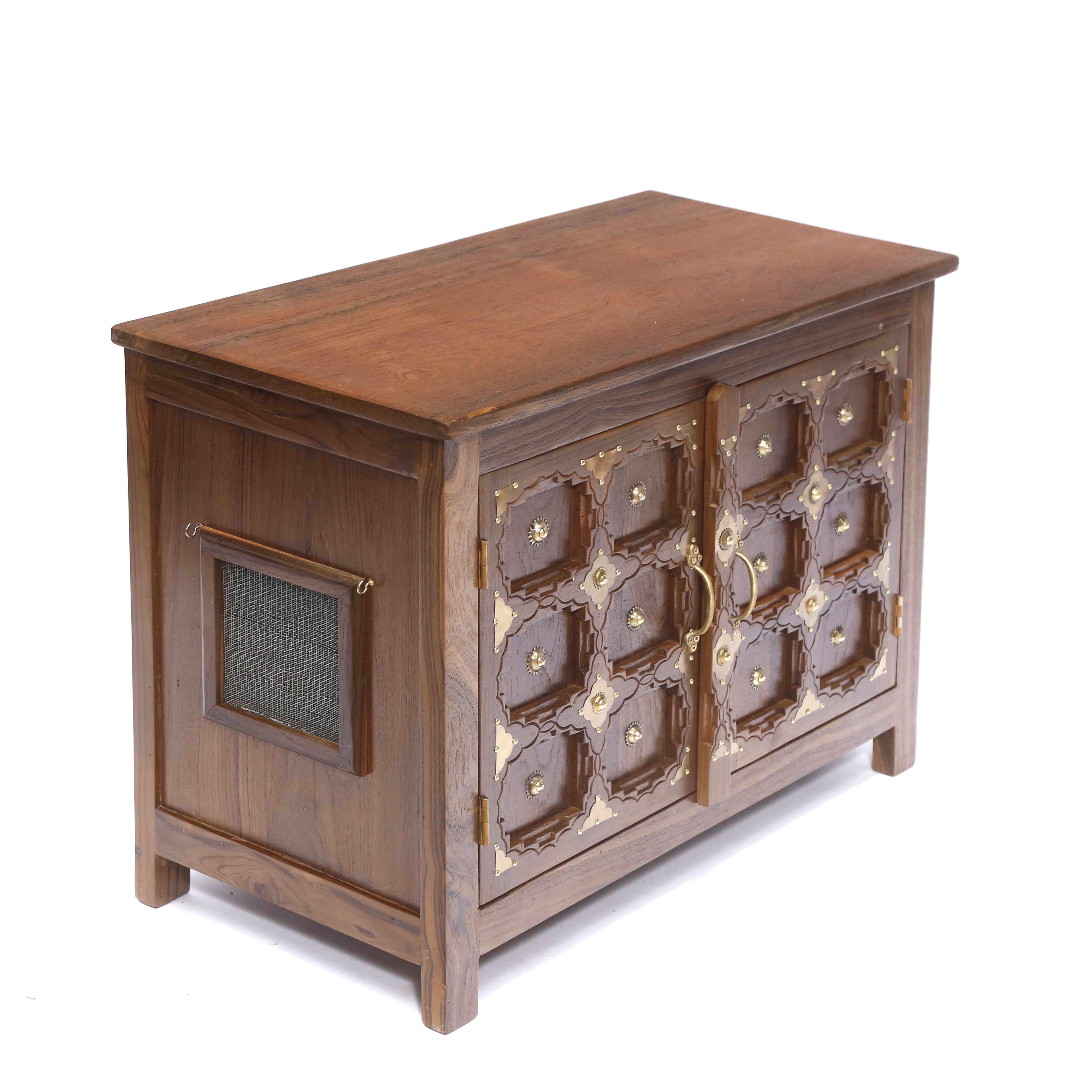 Brass Carved Teakwood Side Jali Shoe Cabinet Shoe rack