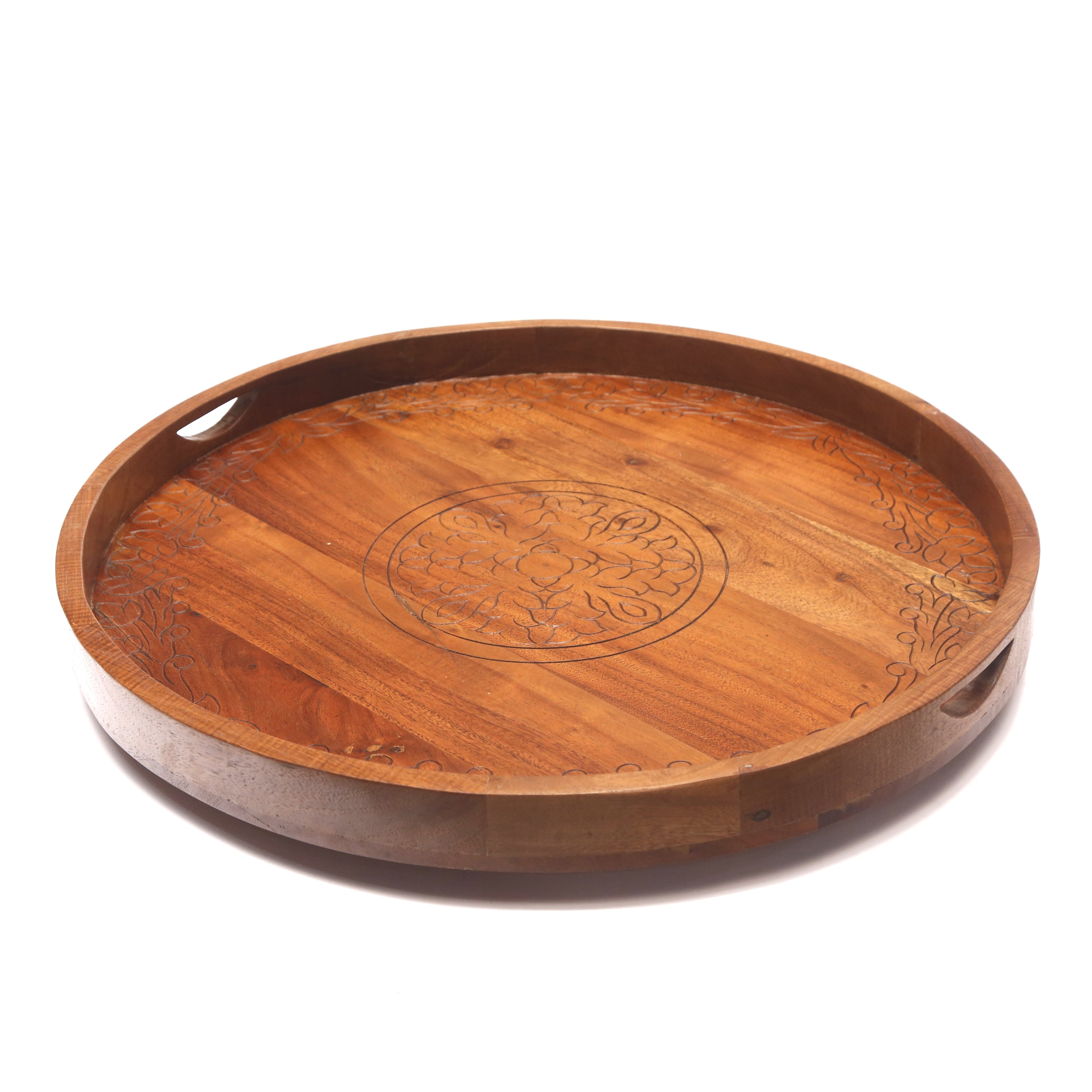 Large Round Stenciled Wooden Tray Tray