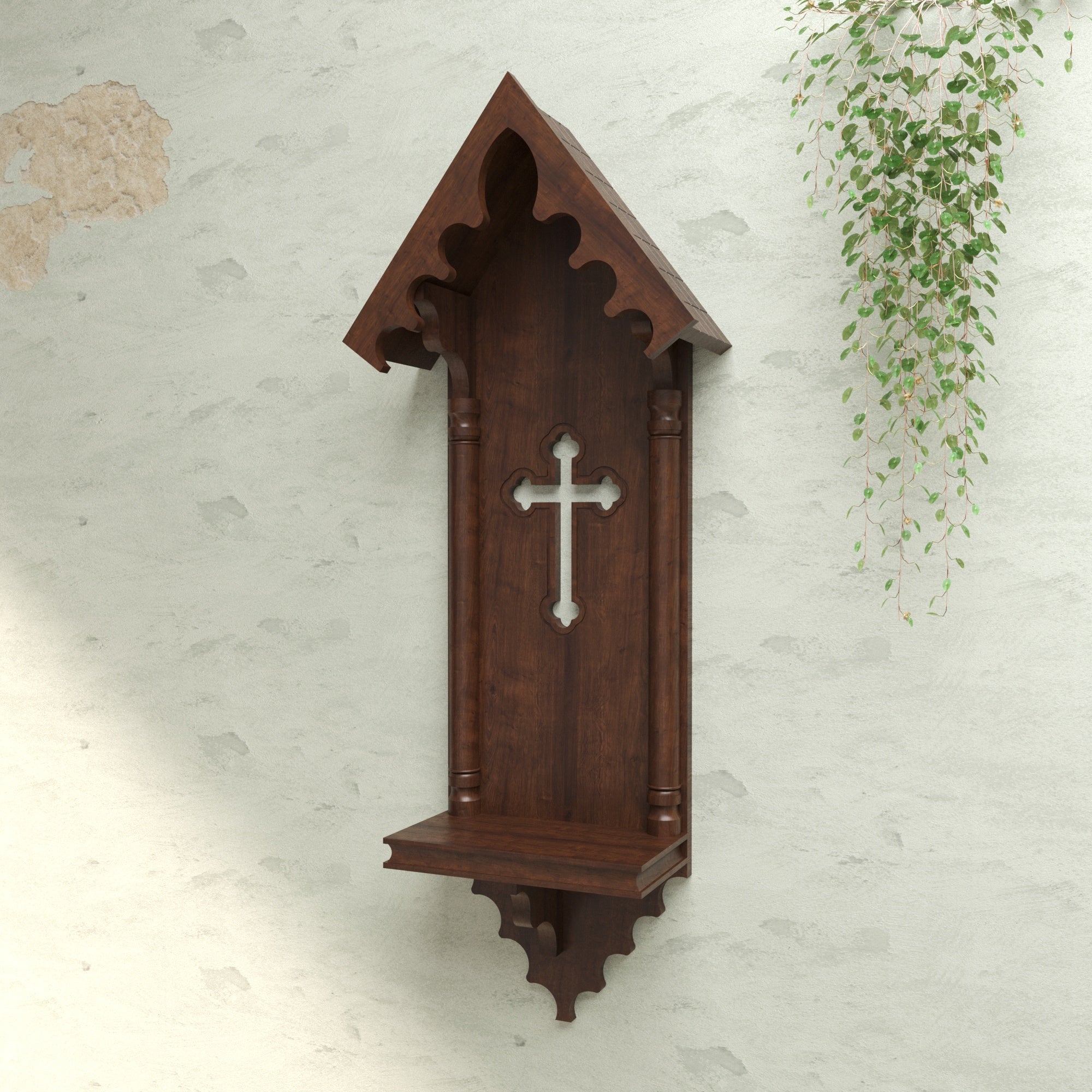 Handcrafted Gothic Wall-Mounted Altar Shelf with Cross & Pointed Arch Canopy Altar