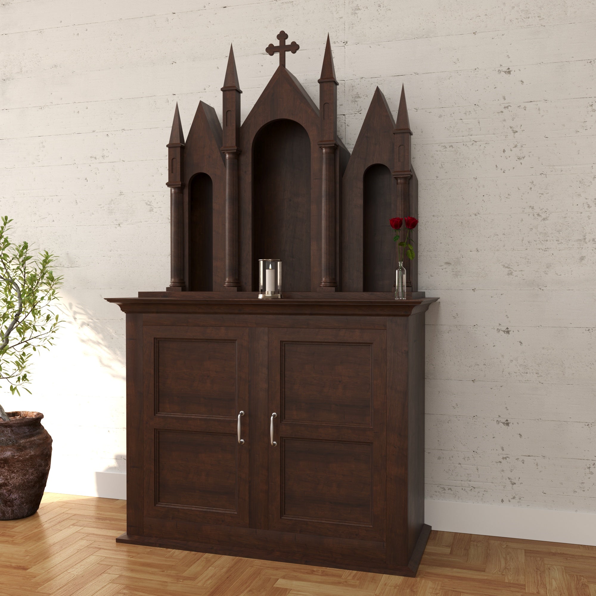 Gothic Freestanding Wooden Altar with Triple Arch Niches, Multi-Spire Top & Storage Cabinet Altar