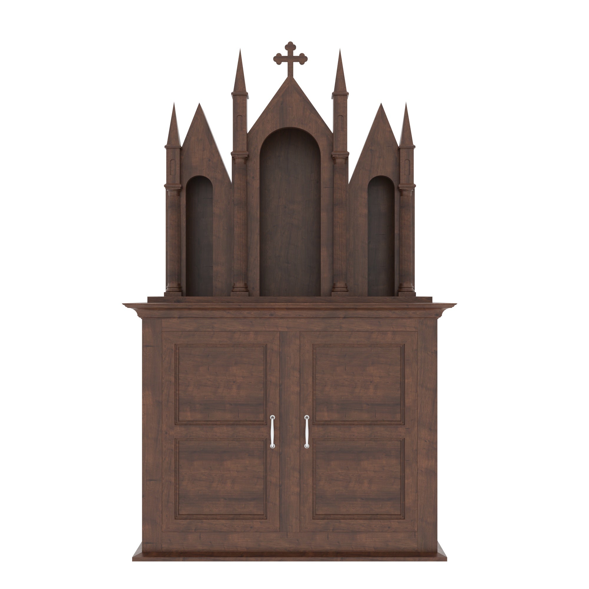 Gothic Freestanding Wooden Altar with Triple Arch Niches, Multi-Spire Top & Storage Cabinet Altar