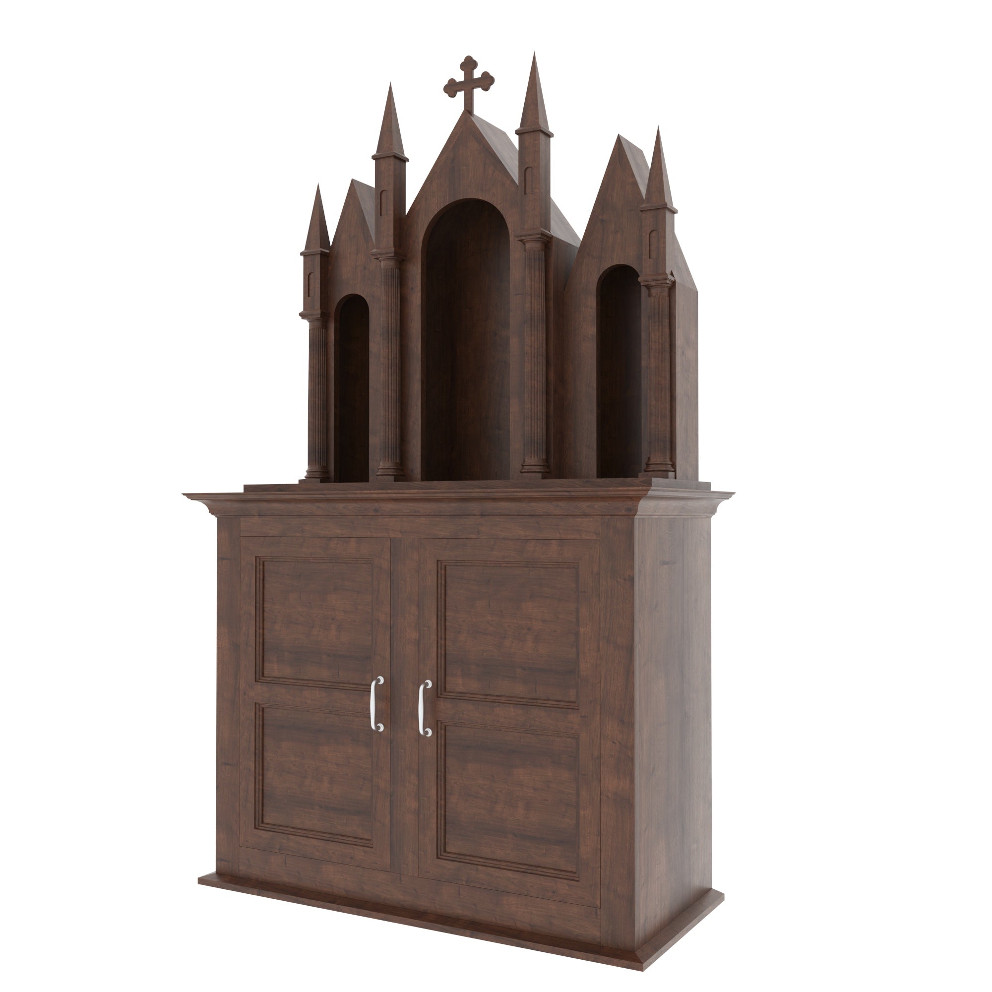 Gothic Freestanding Wooden Altar with Triple Arch Niches, Multi-Spire Top & Storage Cabinet Altar