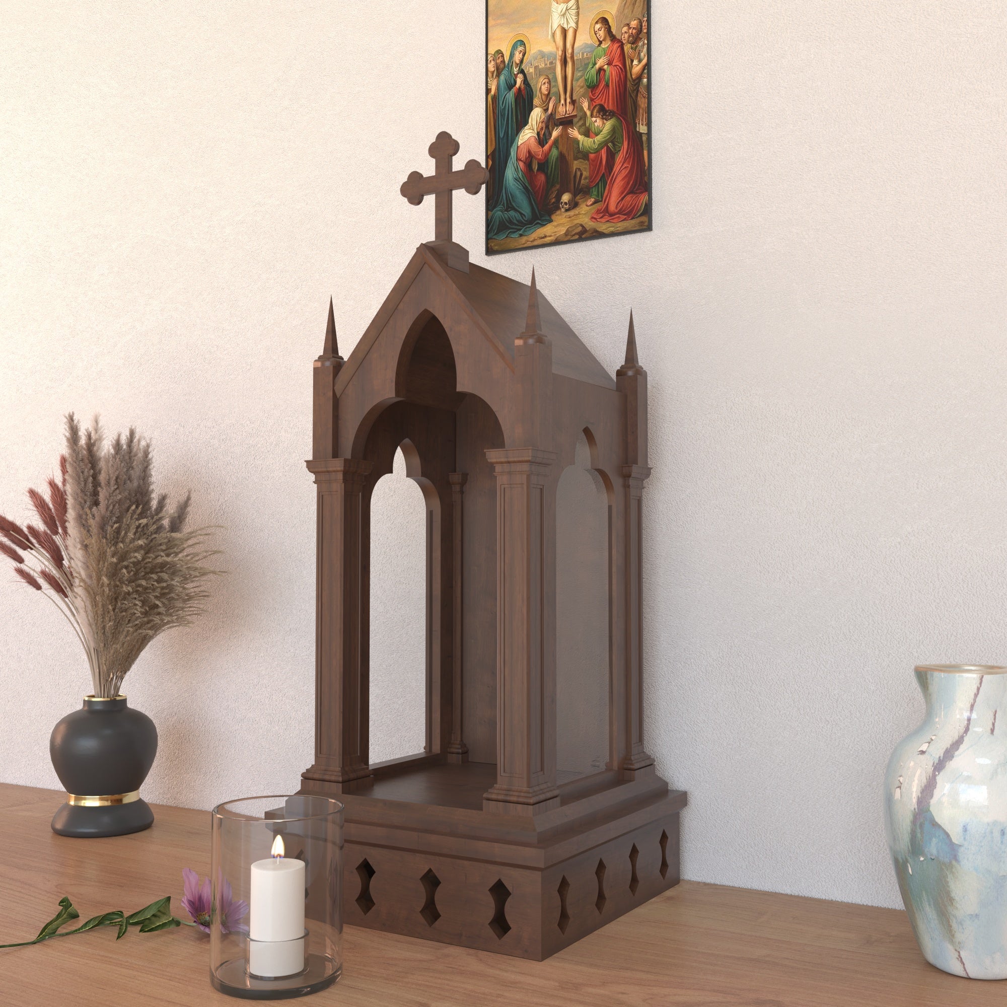 Handcrafted Gothic Cathedral Altar Tower with Cross & Spire Finials Altar