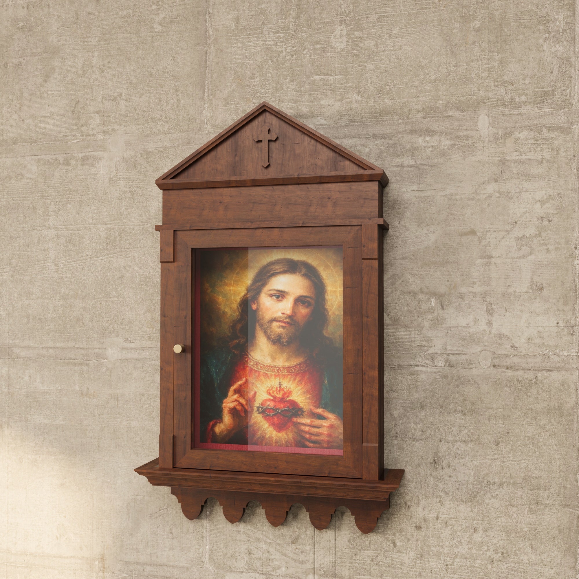 Wooden Wall-Mount Altar Cabinet with Gabled Pediment, Glass Door & Scalloped Shelf Altar