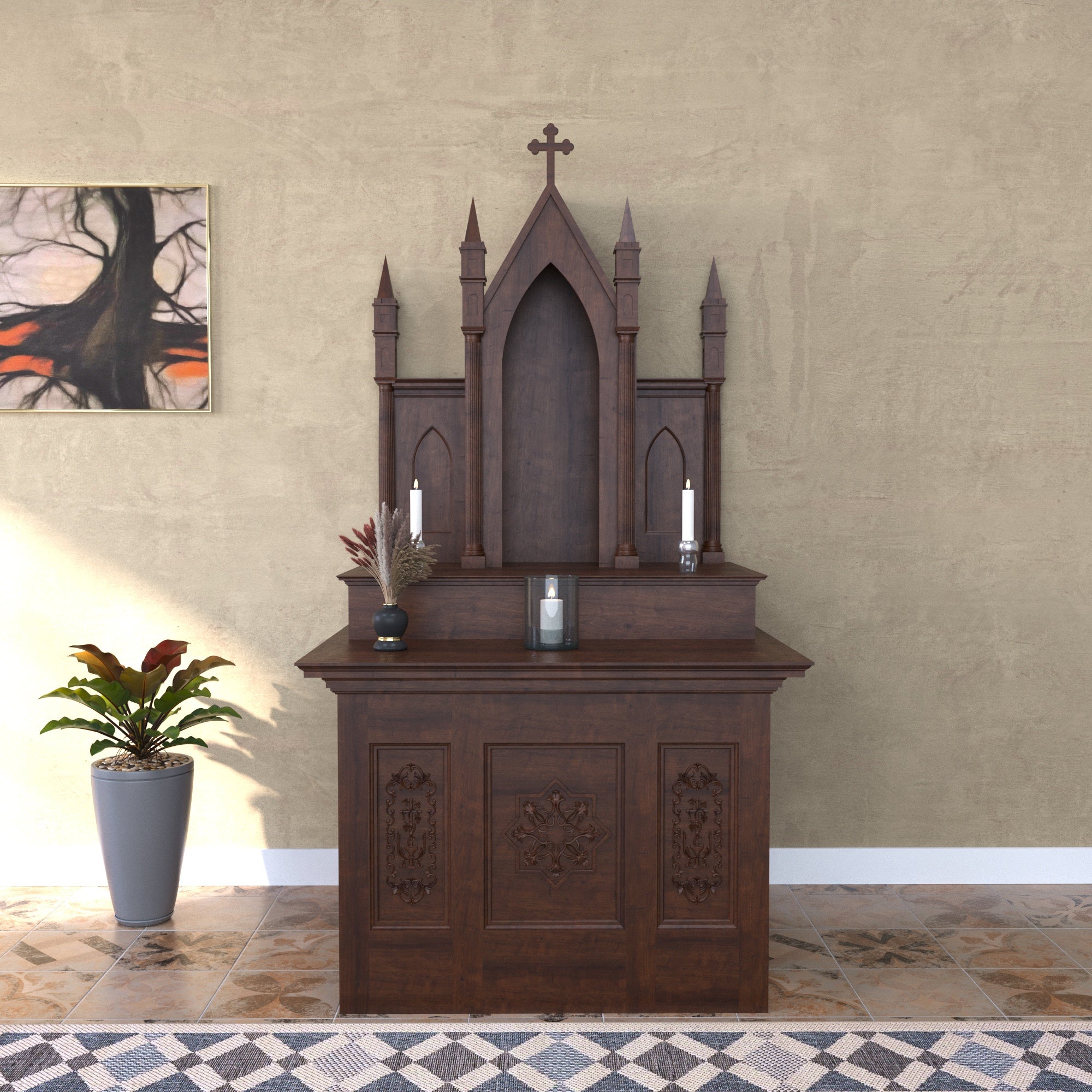 Gothic Cathedral Freestanding Wooden Altar with Carved Cabinet Base & Multi-Spire Top Altar