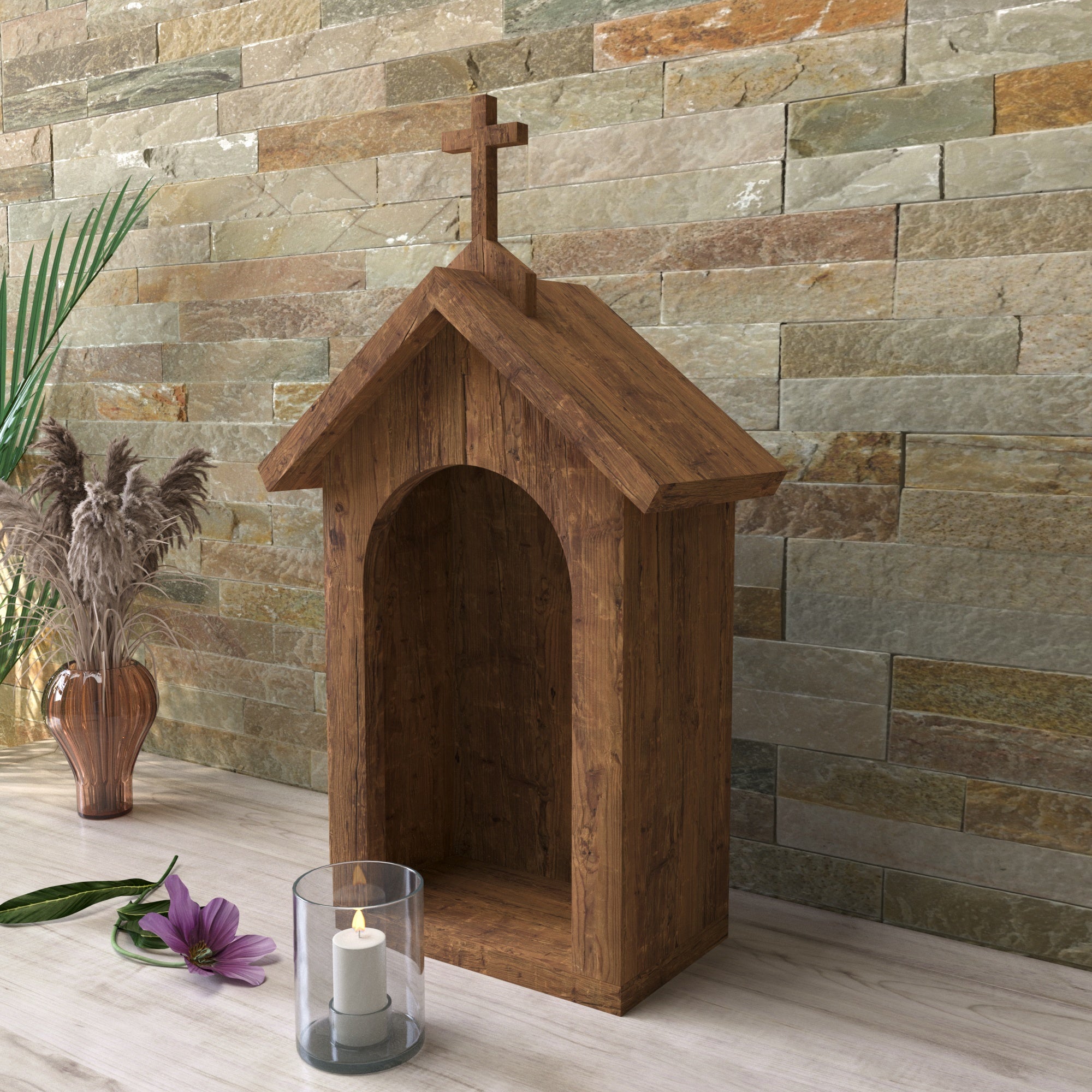 Handcrafted Rustic Wooden Chapel Shrine with Arched Niche & Cross Altar