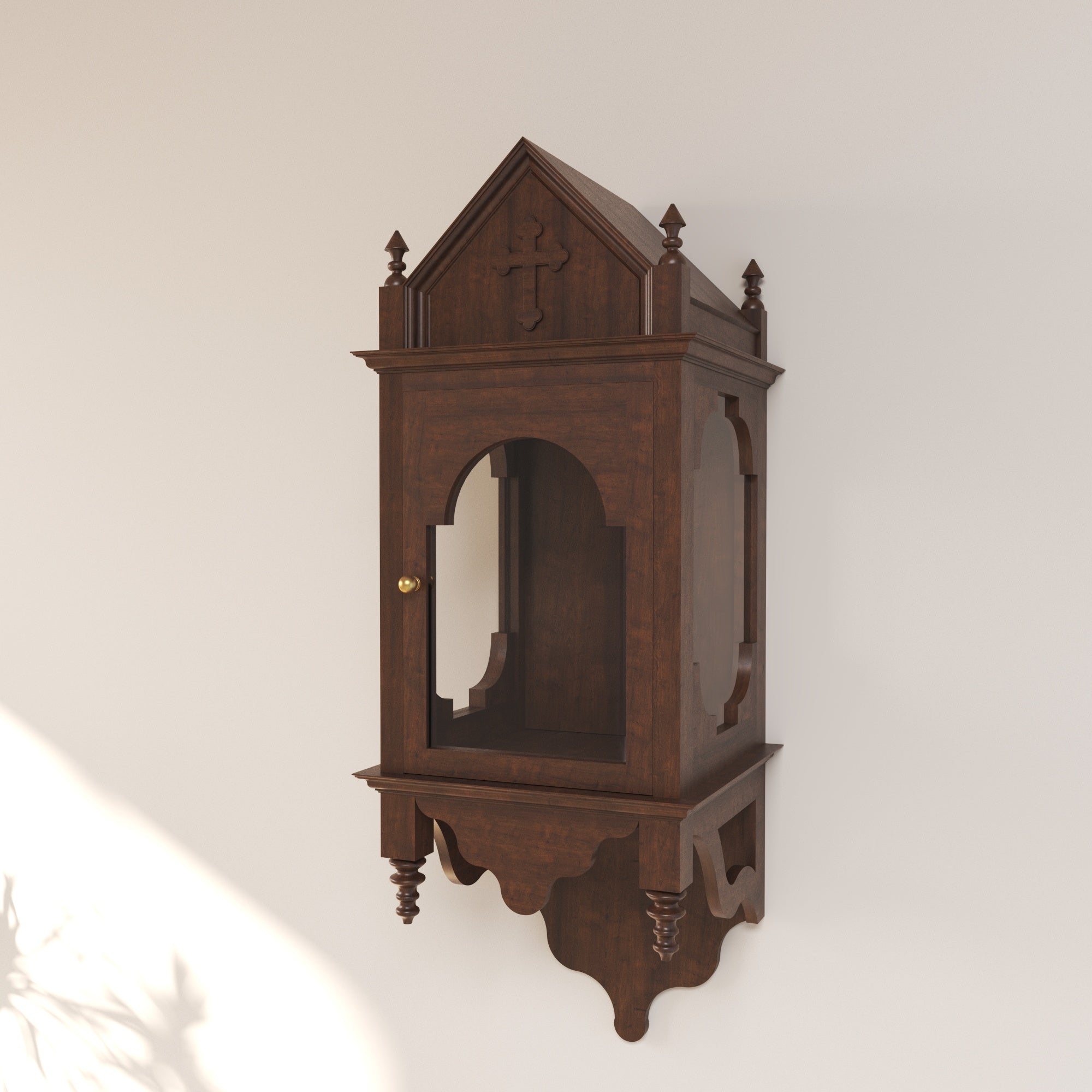 Handcrafted Gothic Wall-Mounted Altar Cabinet with Glass Panels & Cross Altar