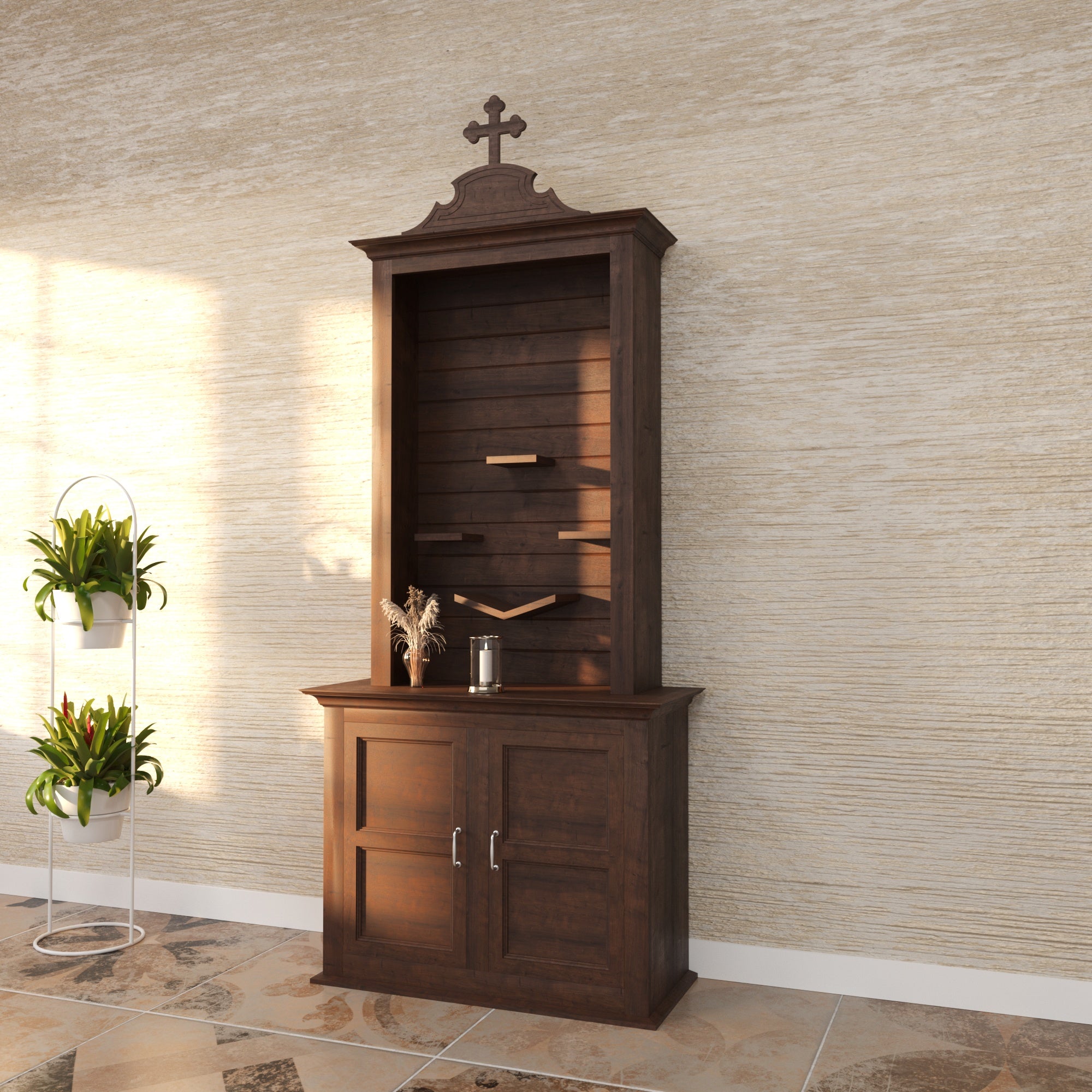 Wooden Freestanding Altar with Scrolled Pediment, Open Display Hutch & Storage Cabinet Altar