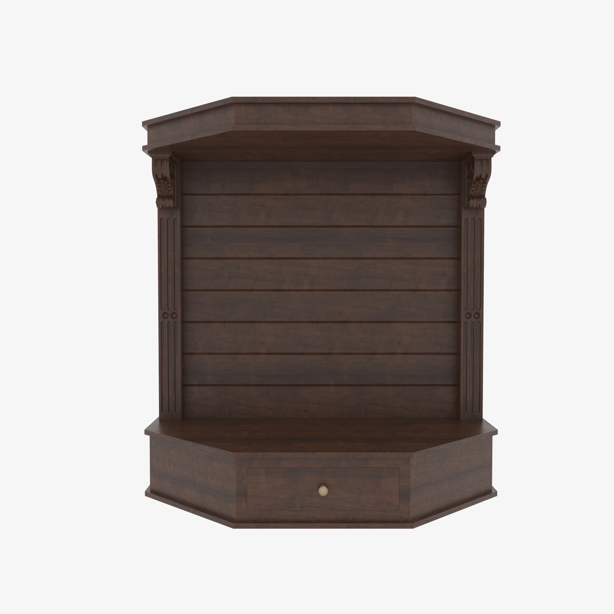 Wooden Wall Altar with Stepped Cornice, Slatted Back & Drawer Altar