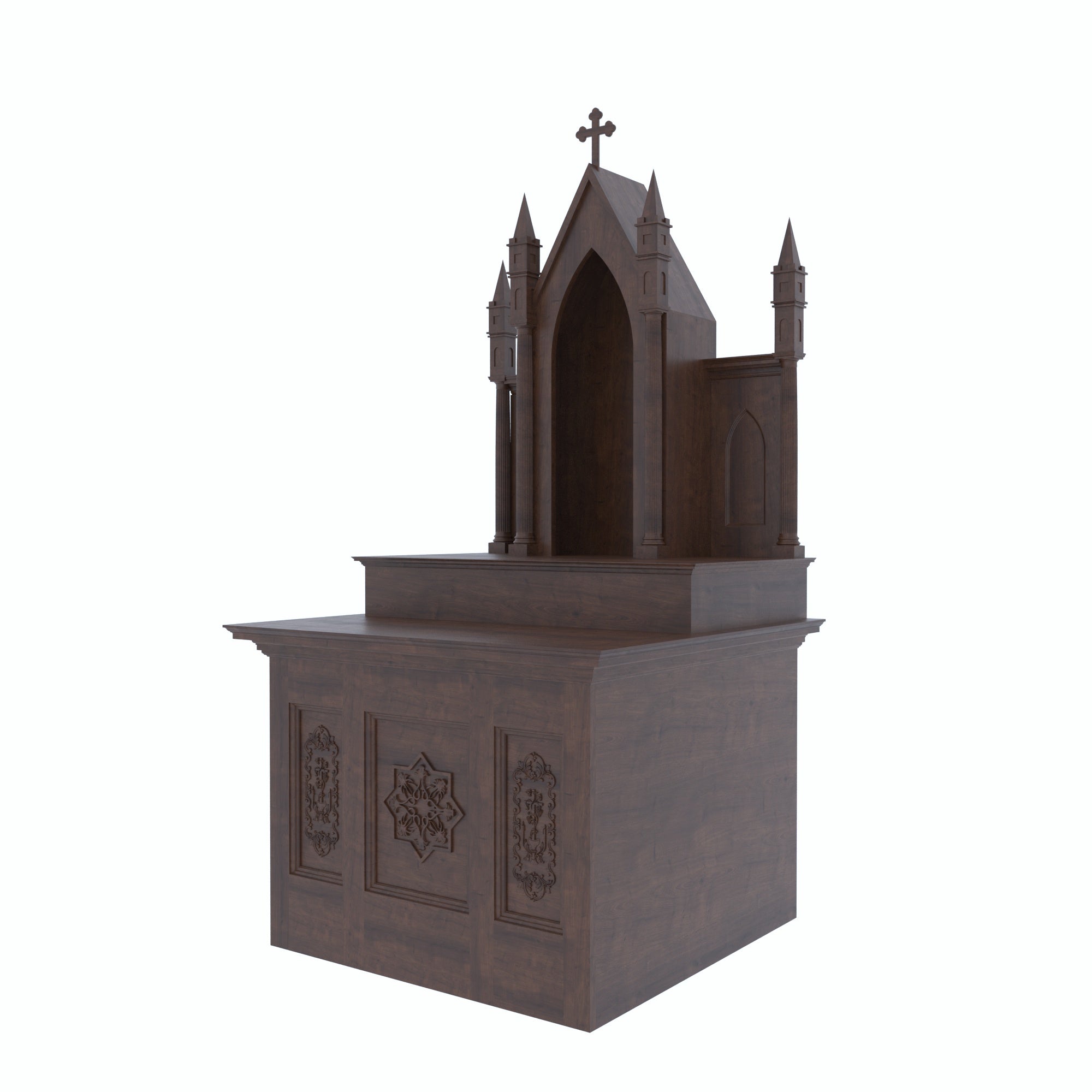 Gothic Cathedral Freestanding Wooden Altar with Carved Cabinet Base & Multi-Spire Top Altar