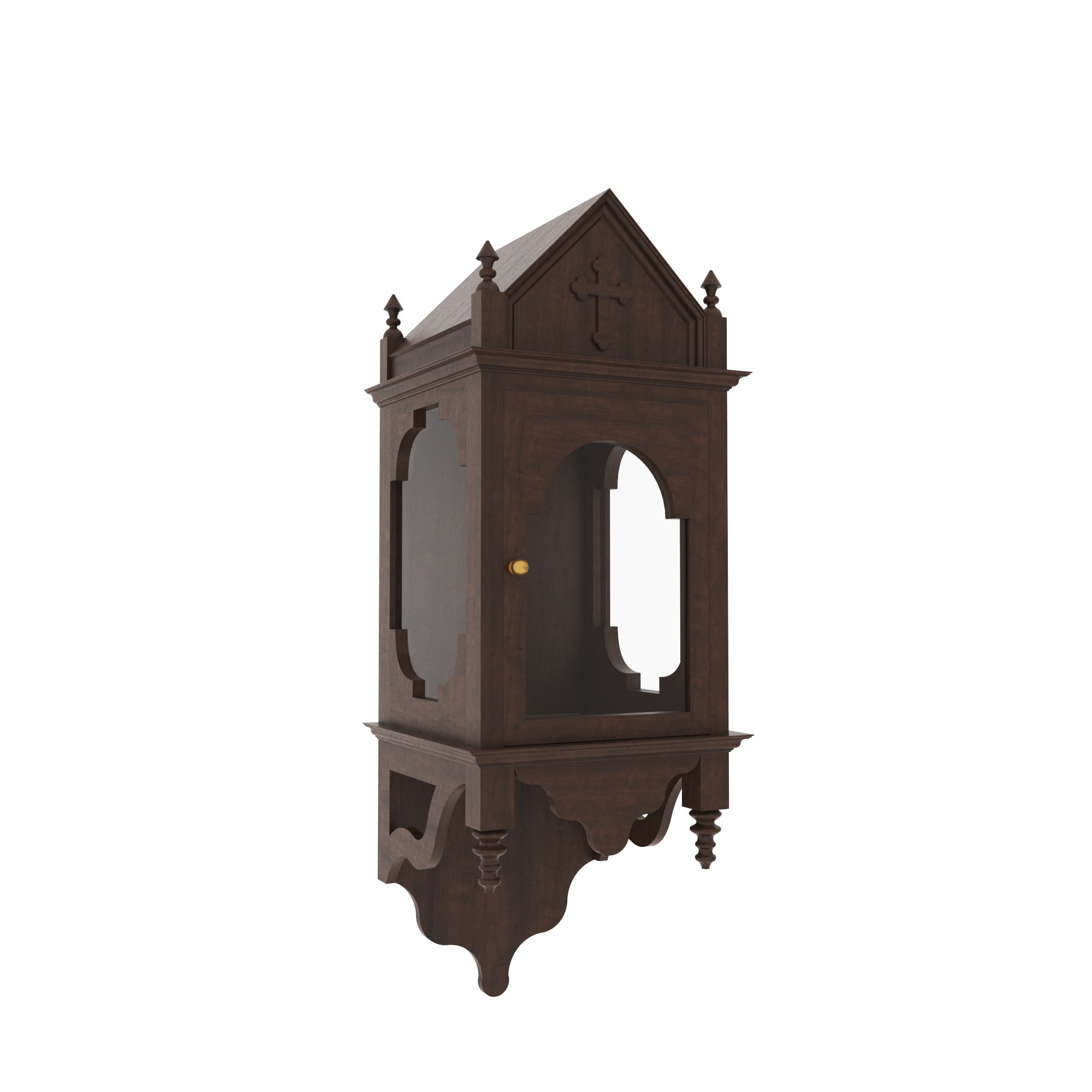 Handcrafted Gothic Wall-Mounted Altar Cabinet with Glass Panels & Cross Altar