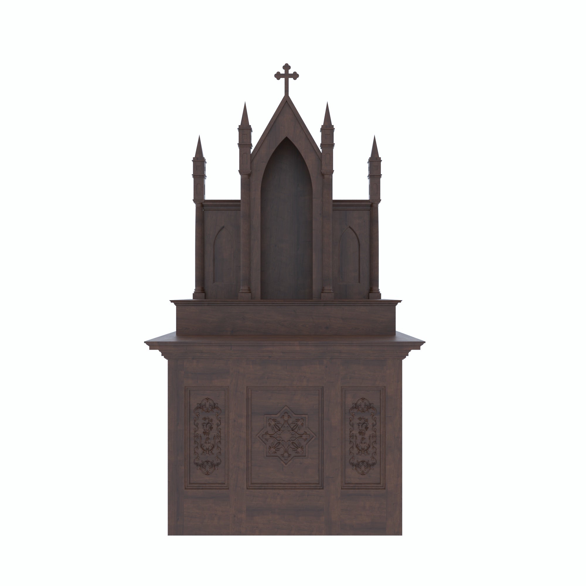 Gothic Cathedral Freestanding Wooden Altar with Carved Cabinet Base & Multi-Spire Top Altar