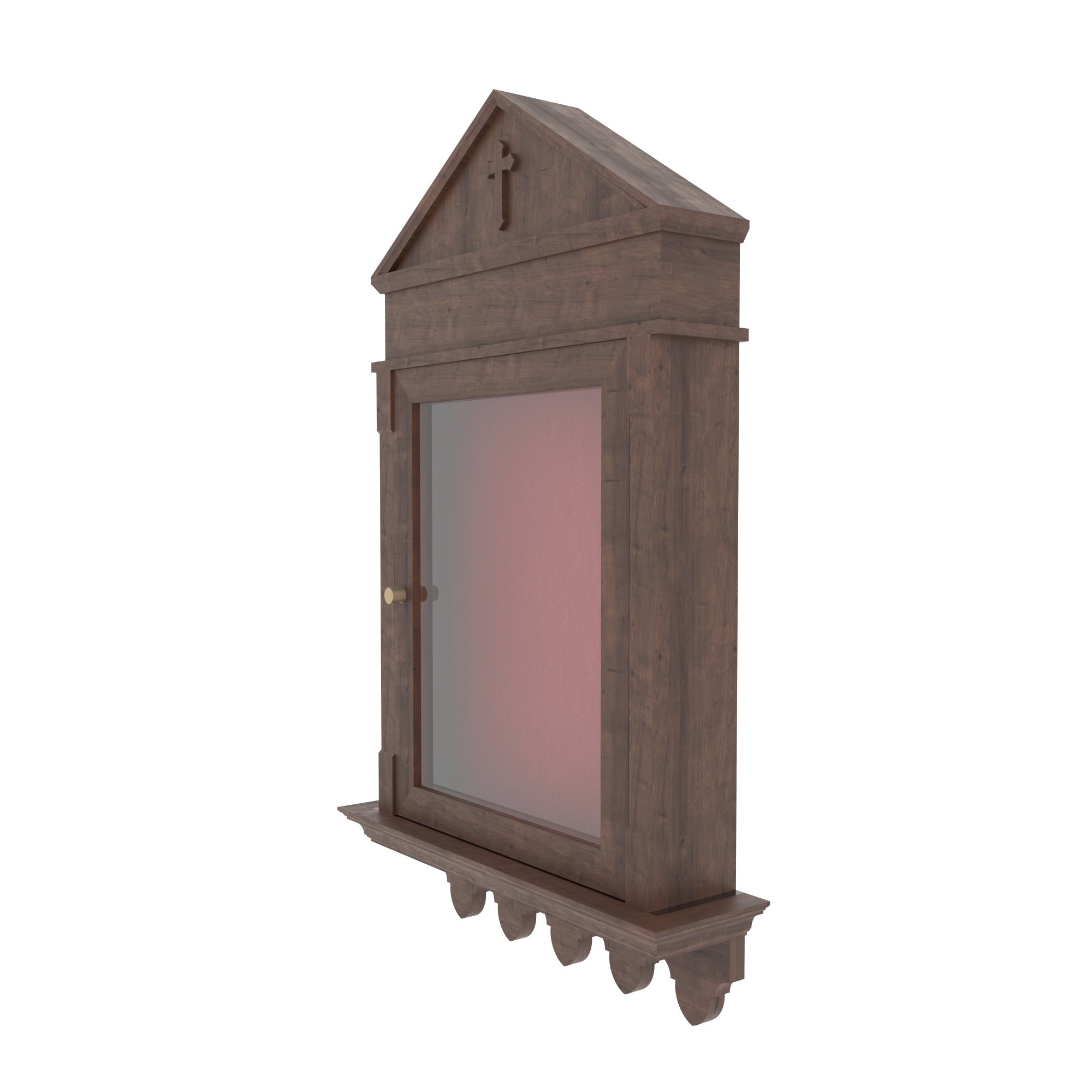 Wooden Wall-Mount Altar Cabinet with Gabled Pediment, Glass Door & Scalloped Shelf Altar