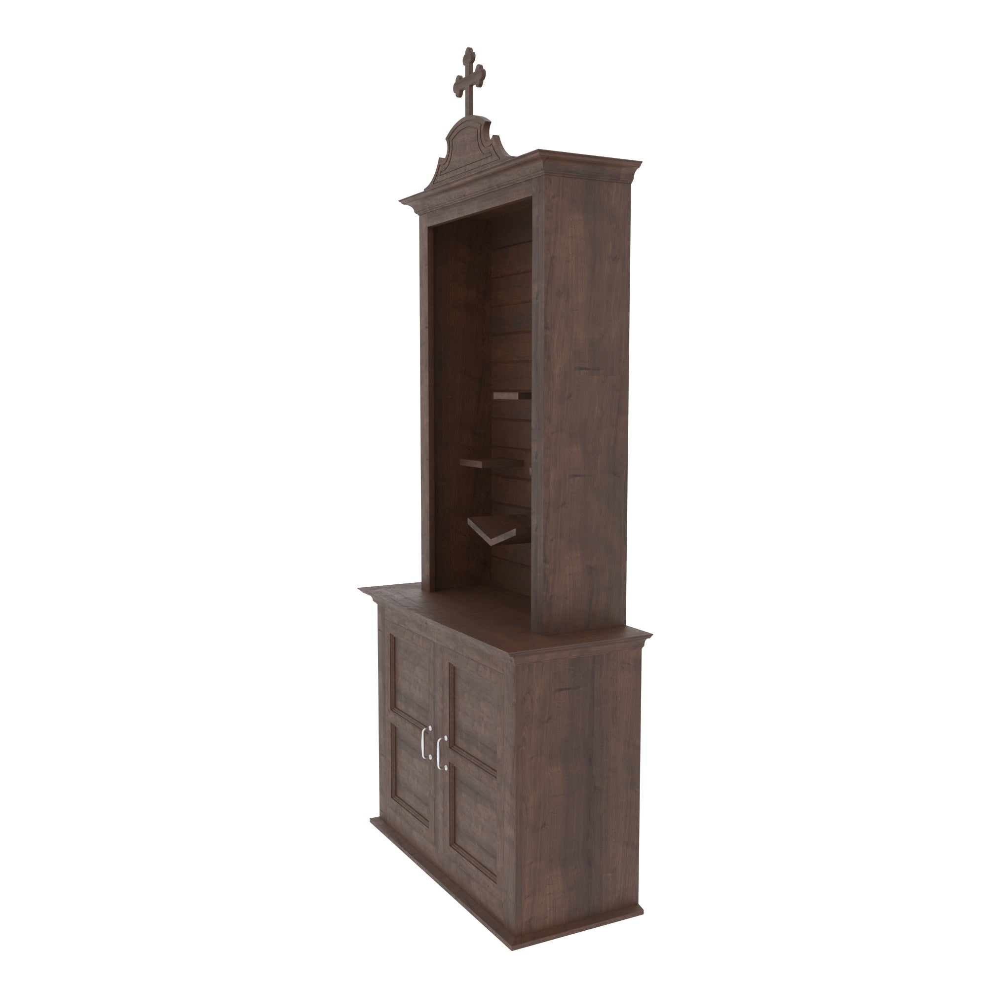 Wooden Freestanding Altar with Scrolled Pediment, Open Display Hutch & Storage Cabinet Altar