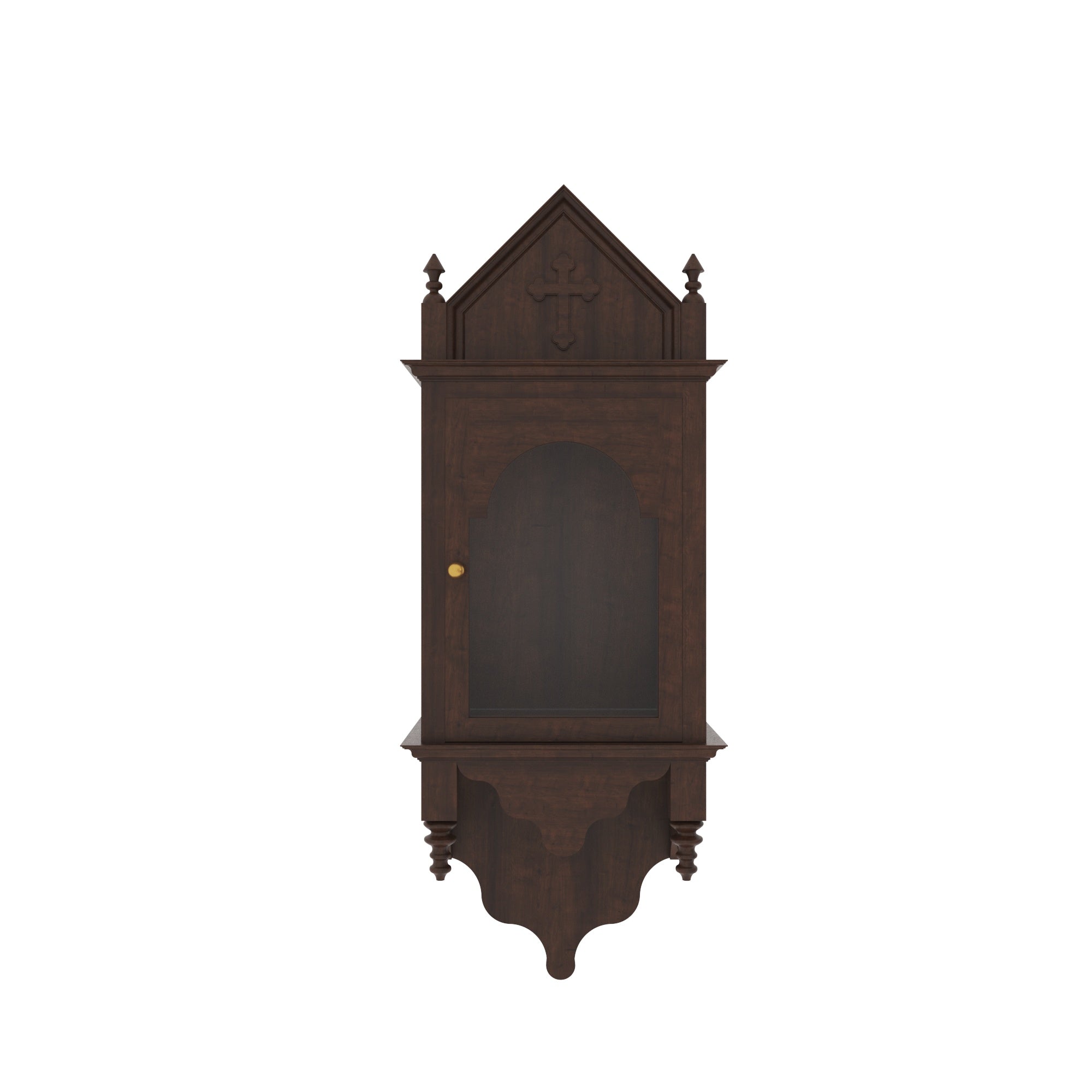 Handcrafted Gothic Wall-Mounted Altar Cabinet with Glass Panels & Cross Altar