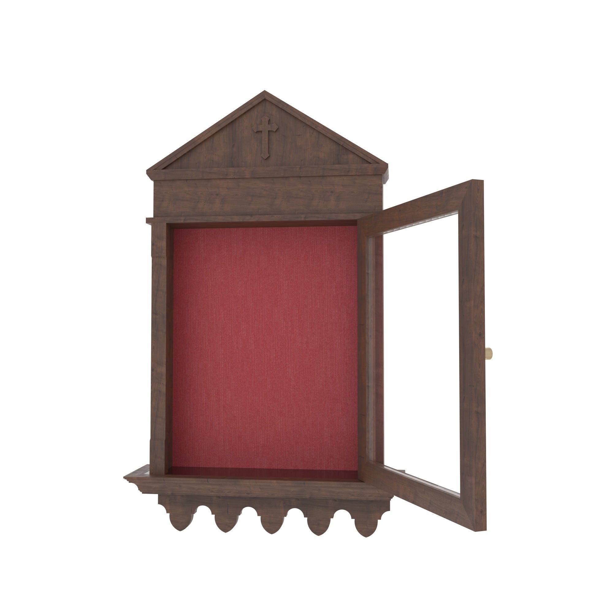 Wooden Wall-Mount Altar Cabinet with Gabled Pediment, Glass Door & Scalloped Shelf Altar