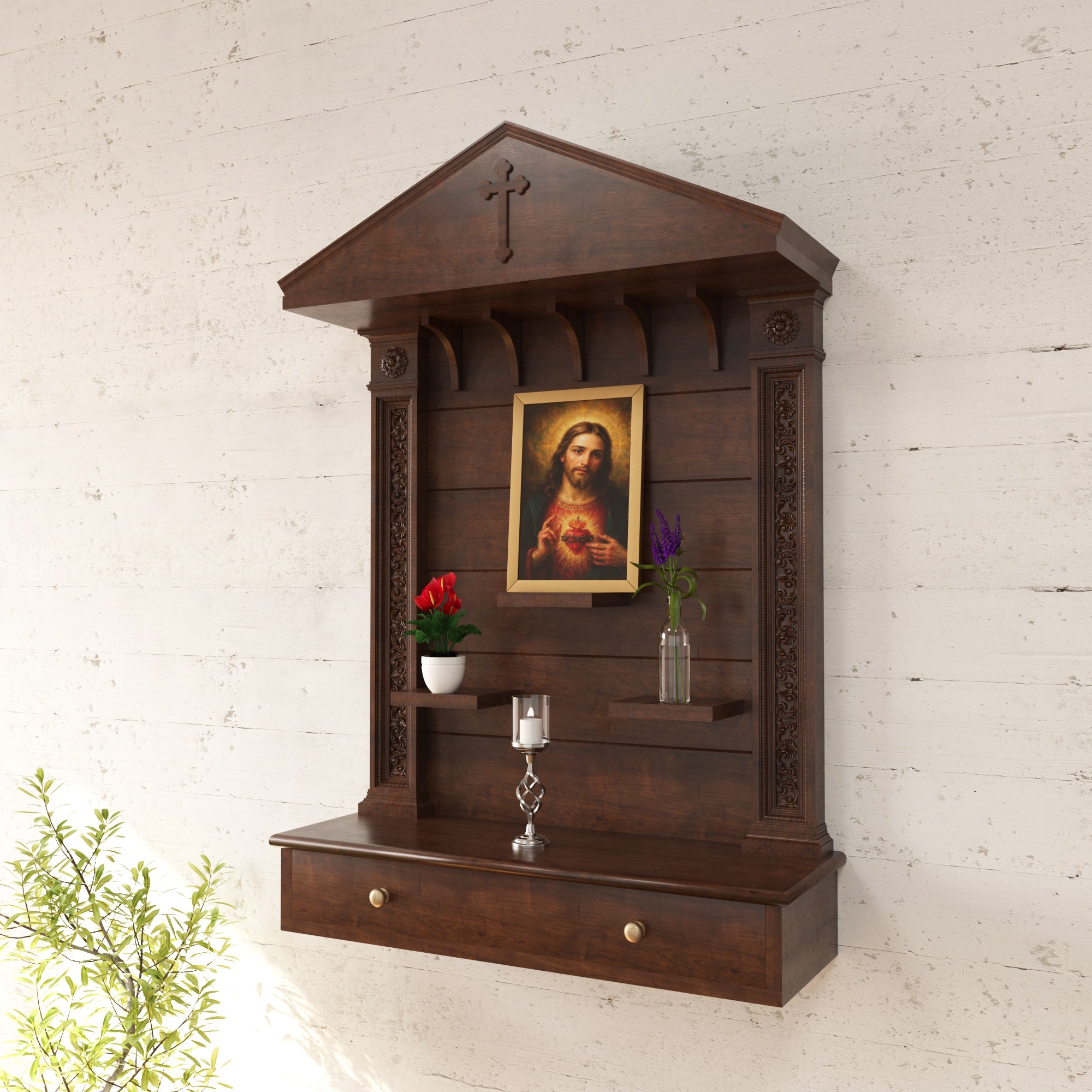 Wooden Wall Altar with Gabled Roof, Carved Columns & Drawer Altar