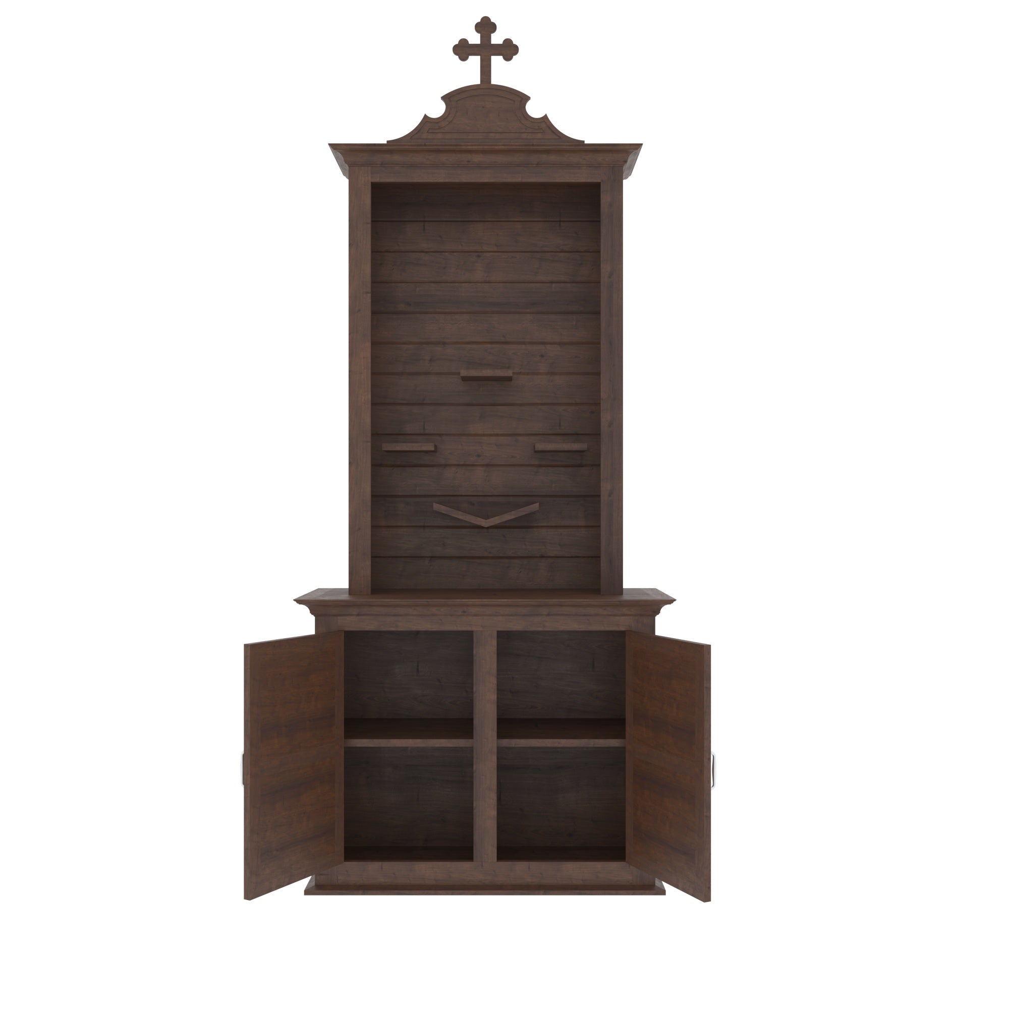 Wooden Freestanding Altar with Scrolled Pediment, Open Display Hutch & Storage Cabinet Altar