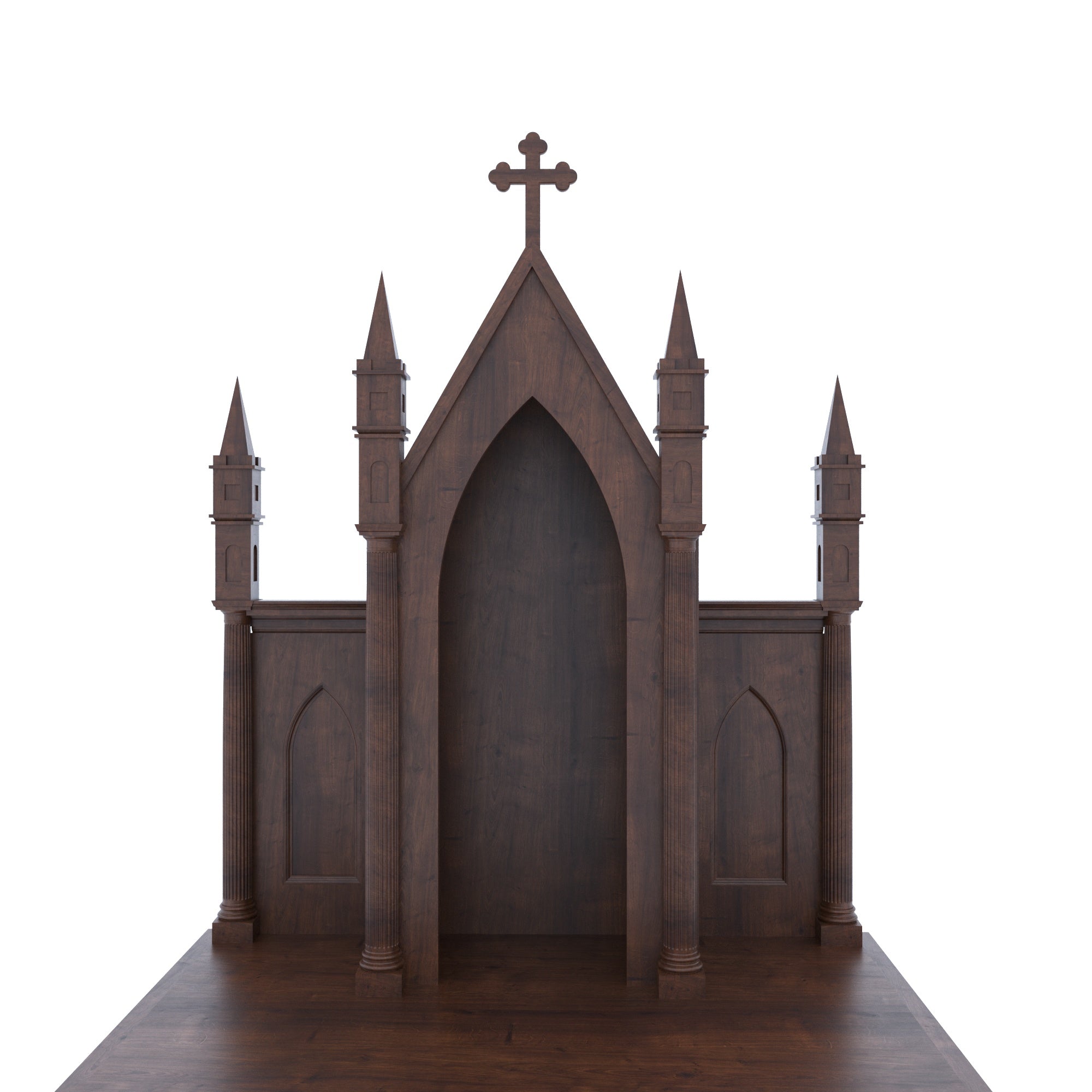 Gothic Cathedral Freestanding Wooden Altar with Carved Cabinet Base & Multi-Spire Top Altar