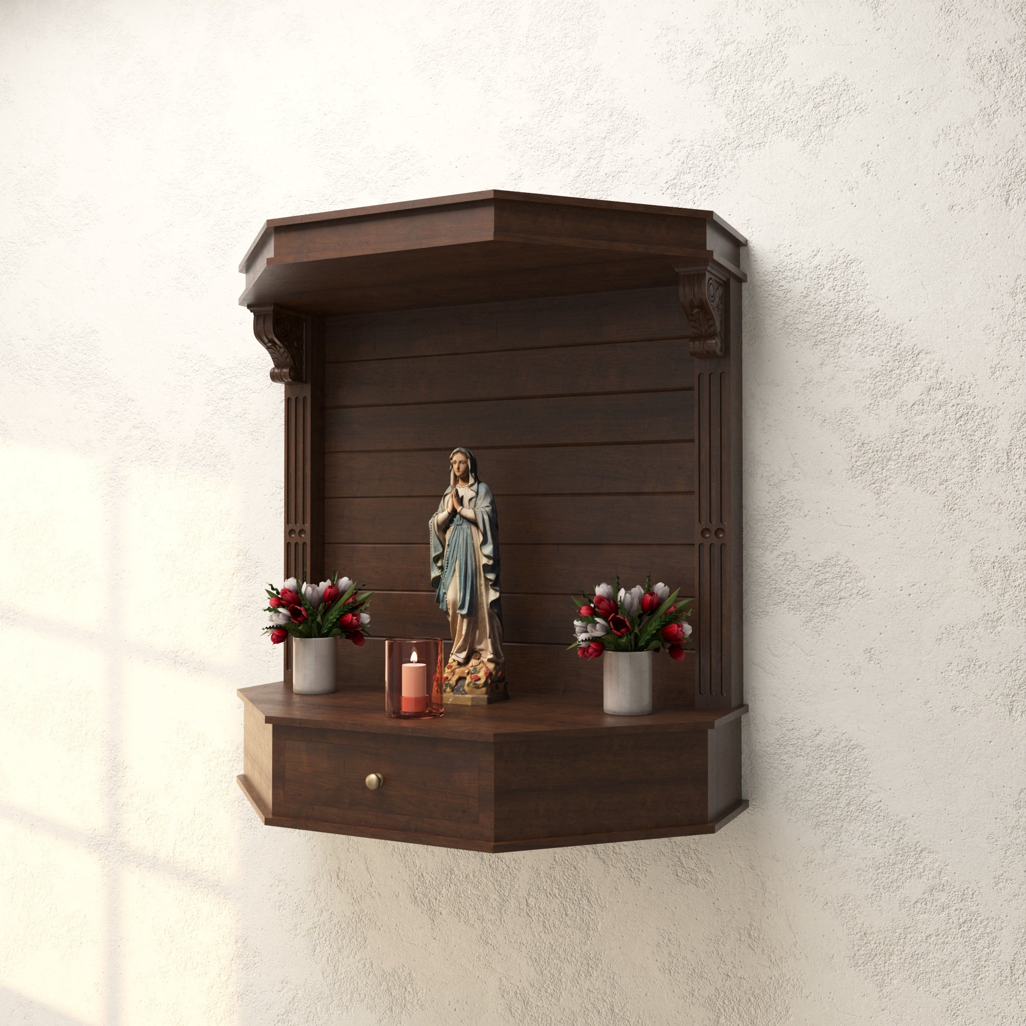 Wooden Wall Altar with Stepped Cornice, Slatted Back & Drawer Altar