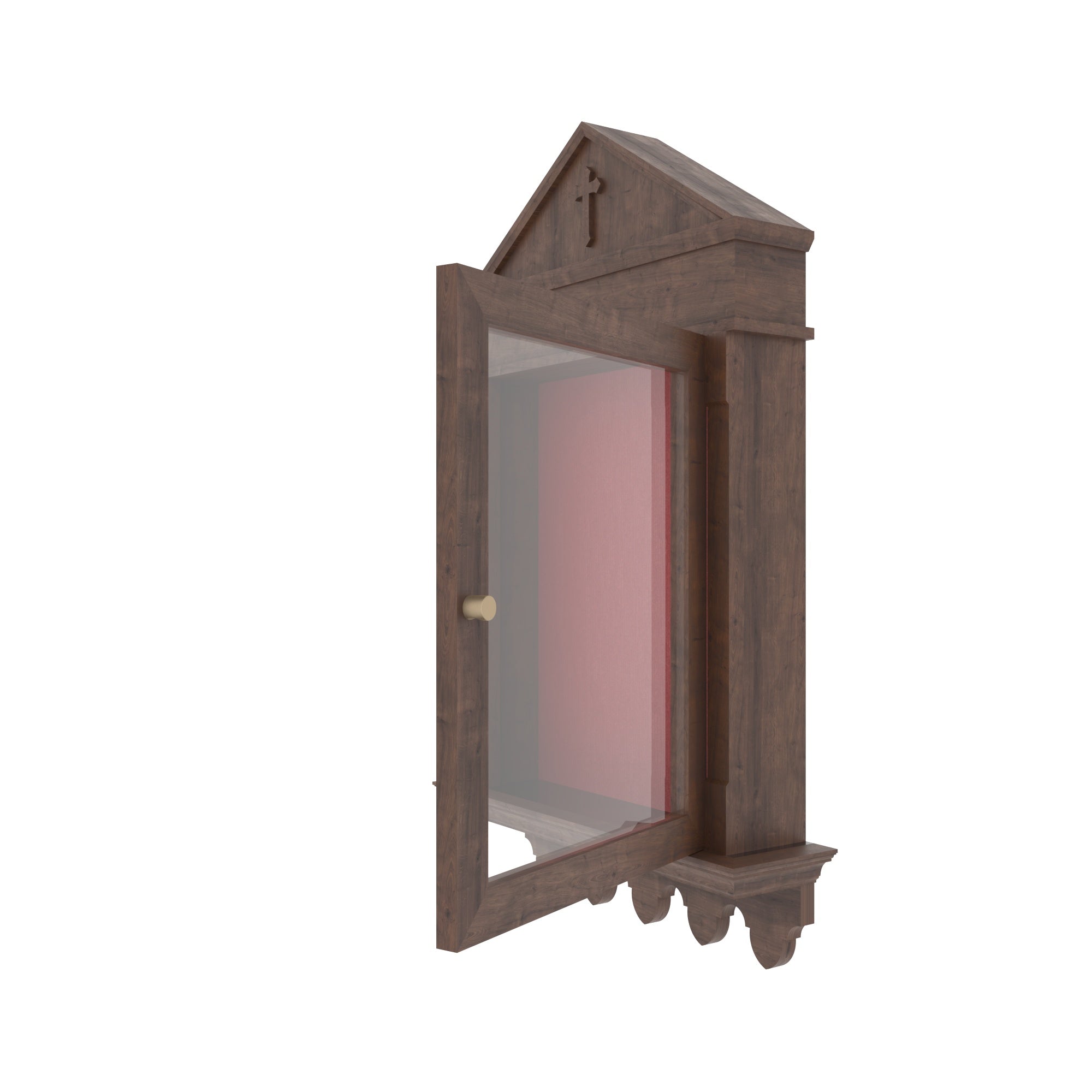Wooden Wall-Mount Altar Cabinet with Gabled Pediment, Glass Door & Scalloped Shelf Altar