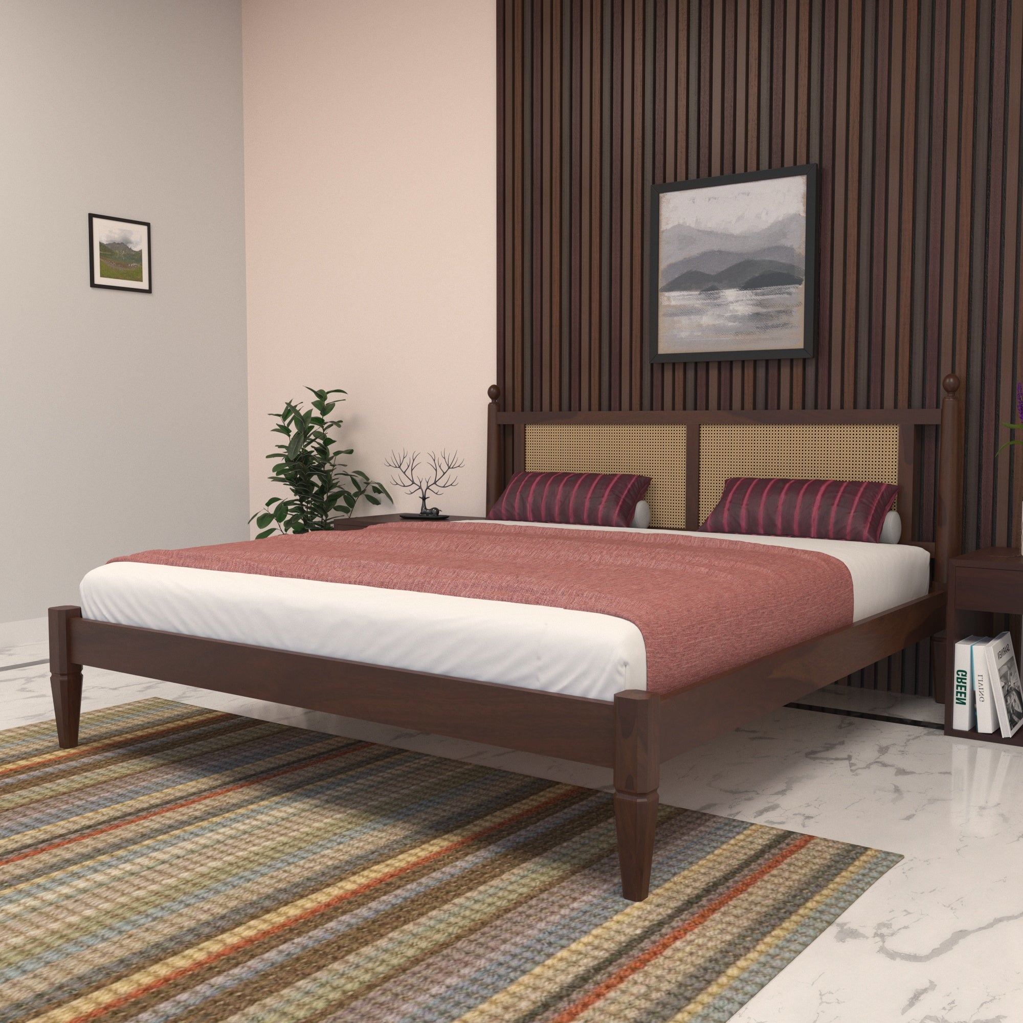 Cane Panel Bed with Decorative Finials Bed