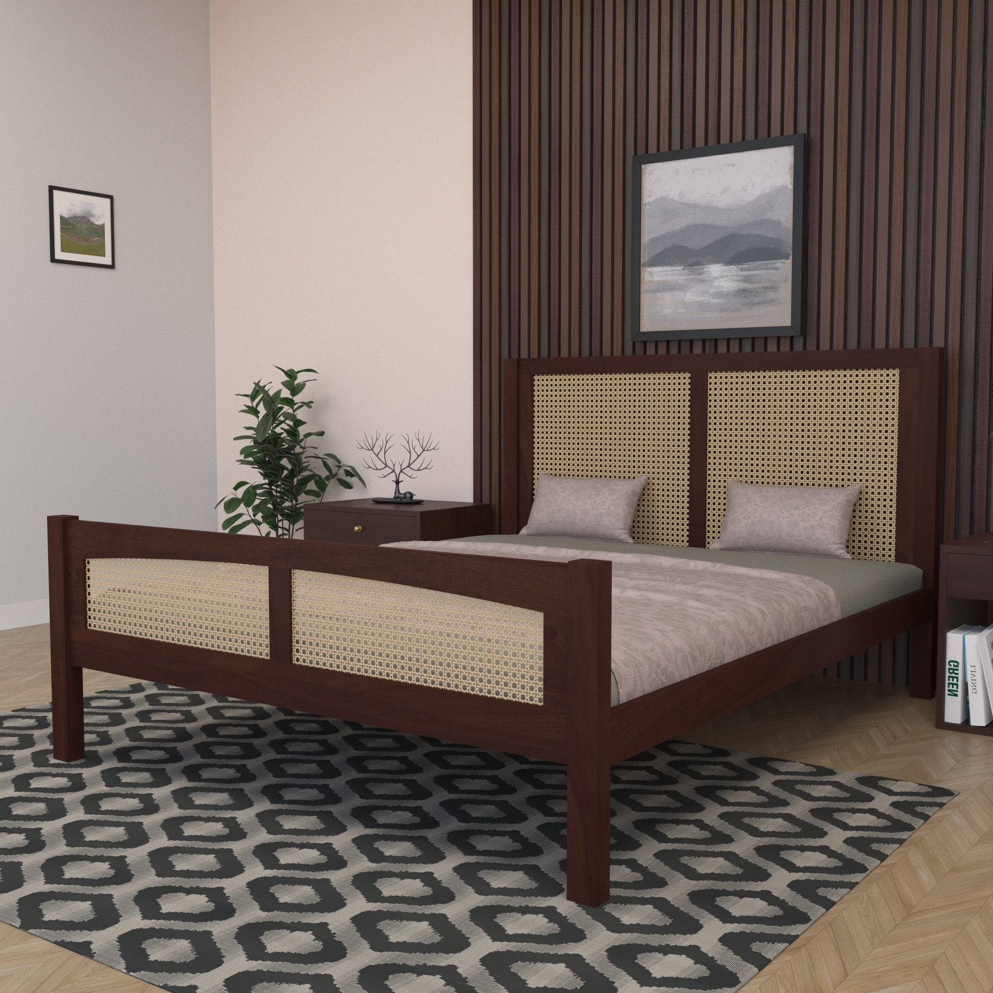 Full Cane Panel Bed with Contemporary Frame Bed