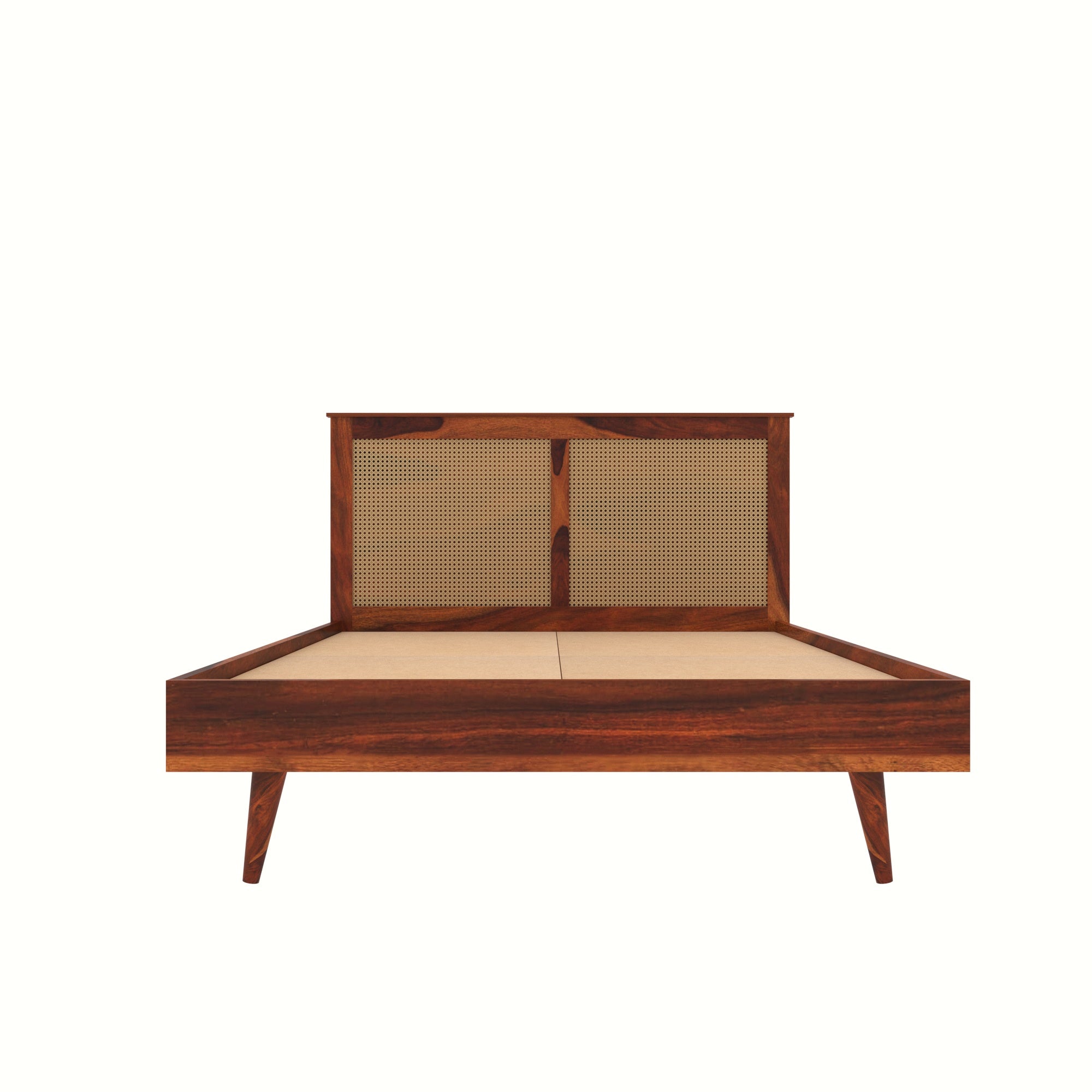 Mid-Century Cane Panel Bed with Tapered Legs Bed