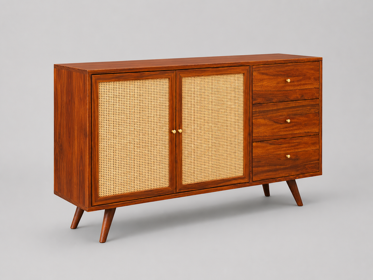 Elegant Cane Sideboard with Two Doors and Three Drawers sideboard