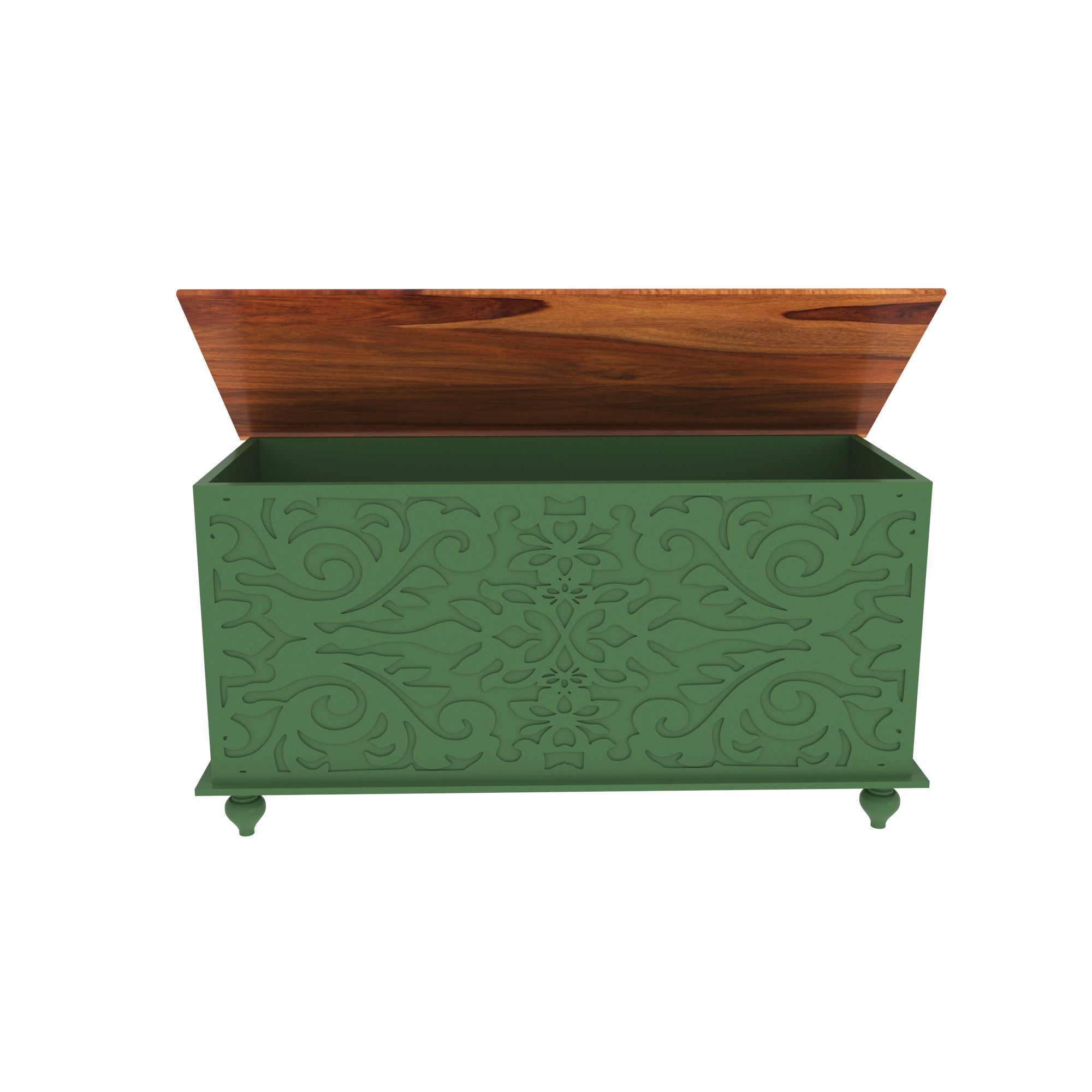 Handcrafted Green Painted Storage Chest with Carved Floral Patterns - Wooden Top Wooden Box