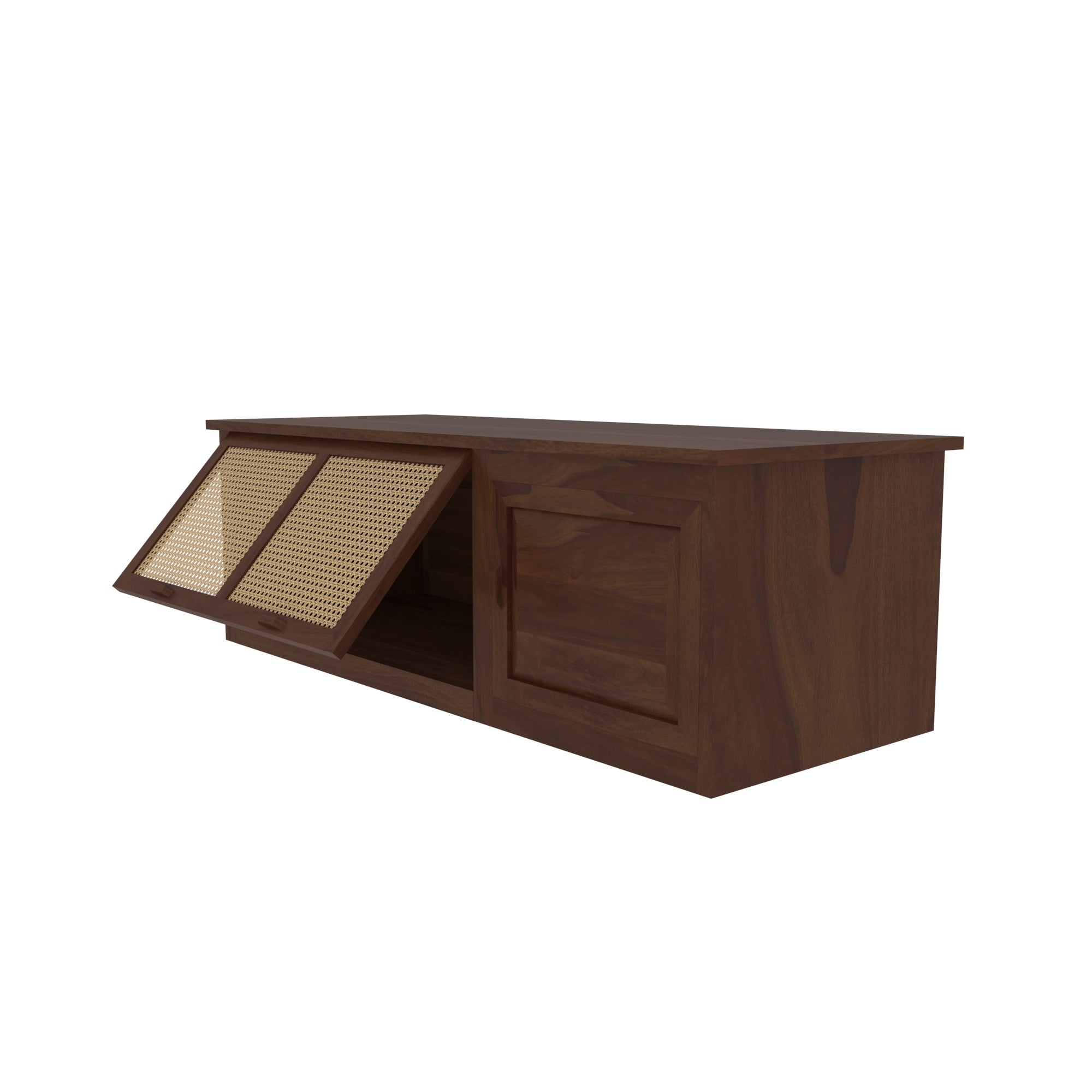 Handcrafted Wooden Storage Bench with Cane Webbing - White Cushioned Top Bench