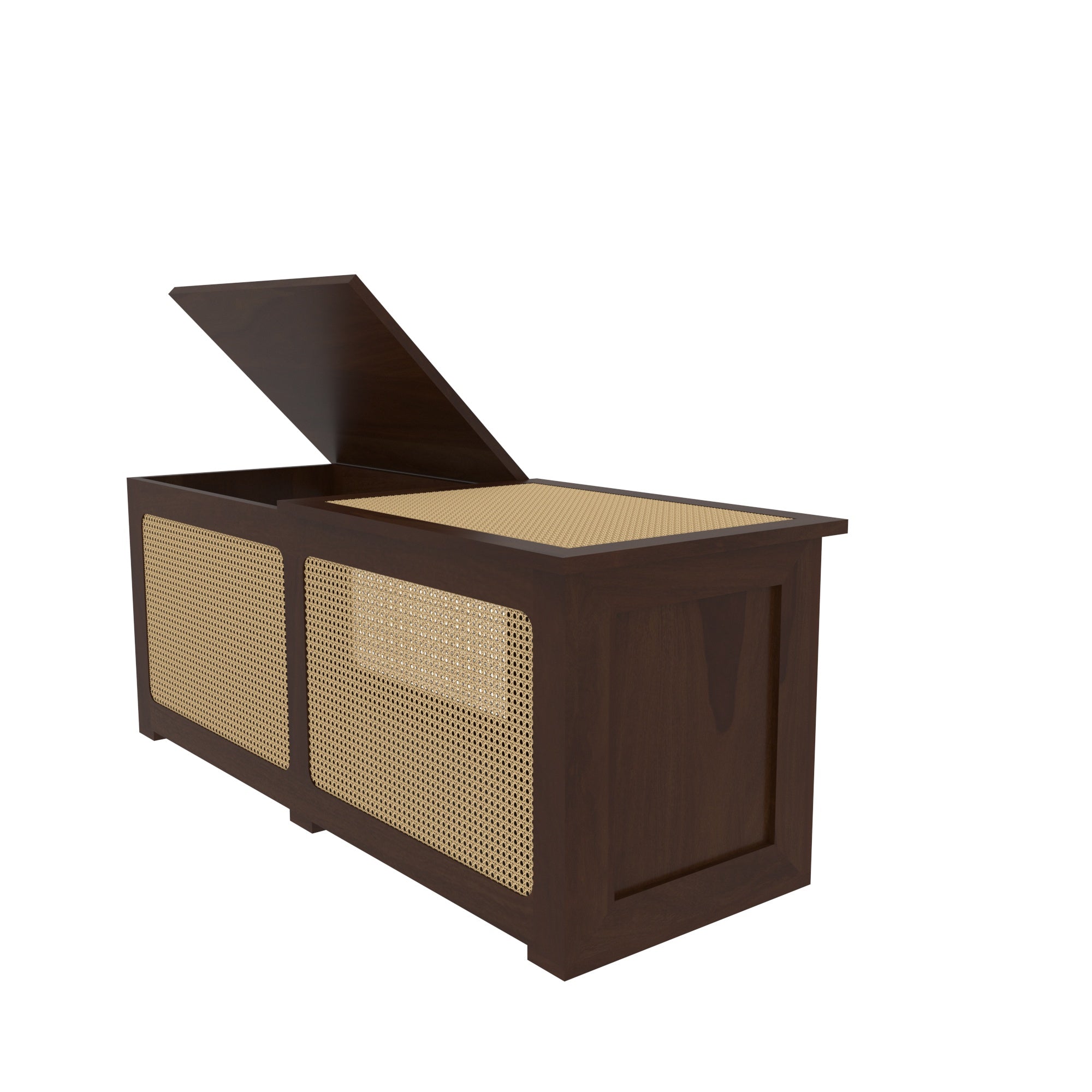 Handcrafted Large Wooden Storage Chest with Cane Webbing - Lift-Top Trunk Bench