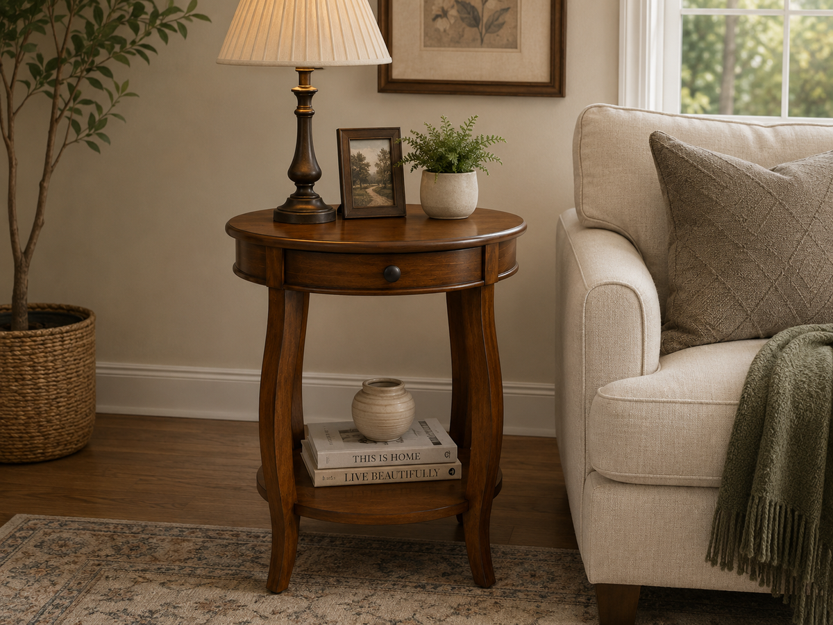 Classic Round Side Table with Drawer and Lower Shelf side table