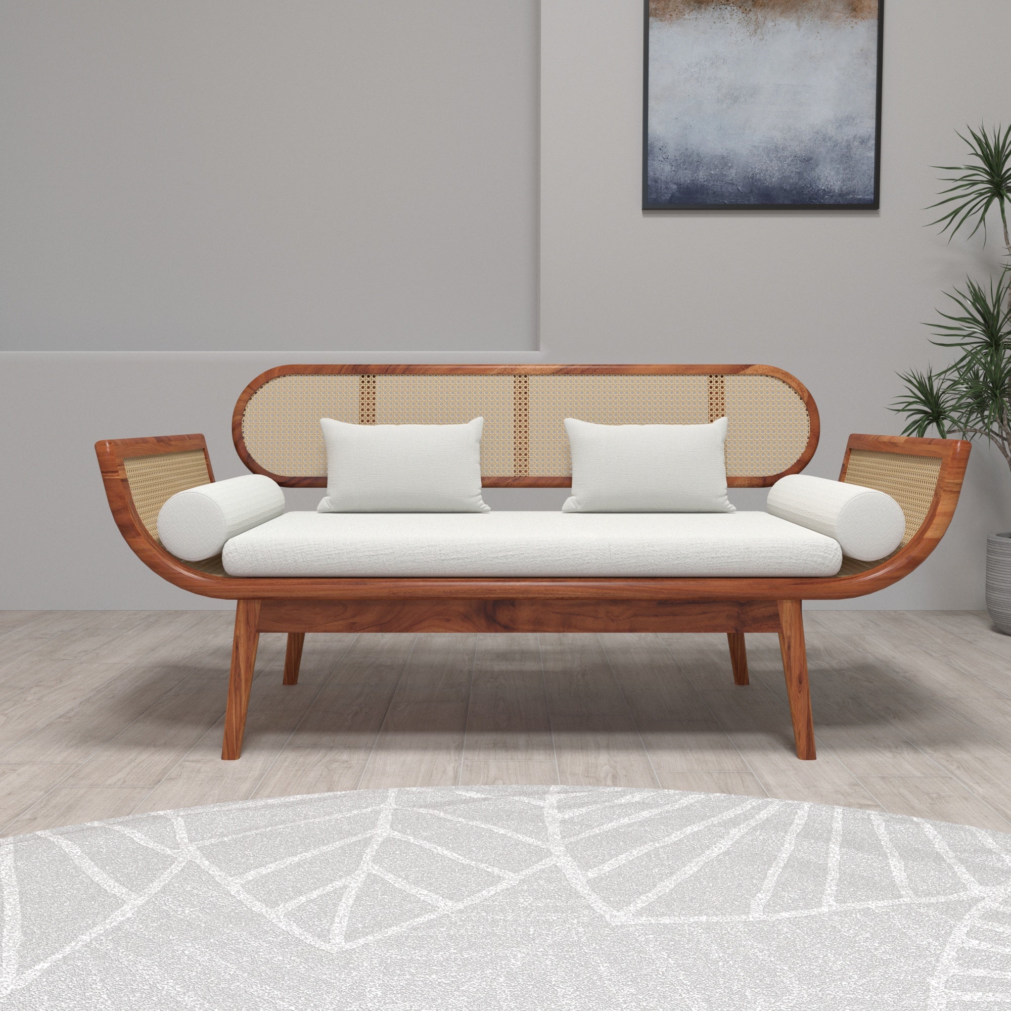 Handcrafted Wooden Daybed with Rattan Backrest and White Cushions Sofa