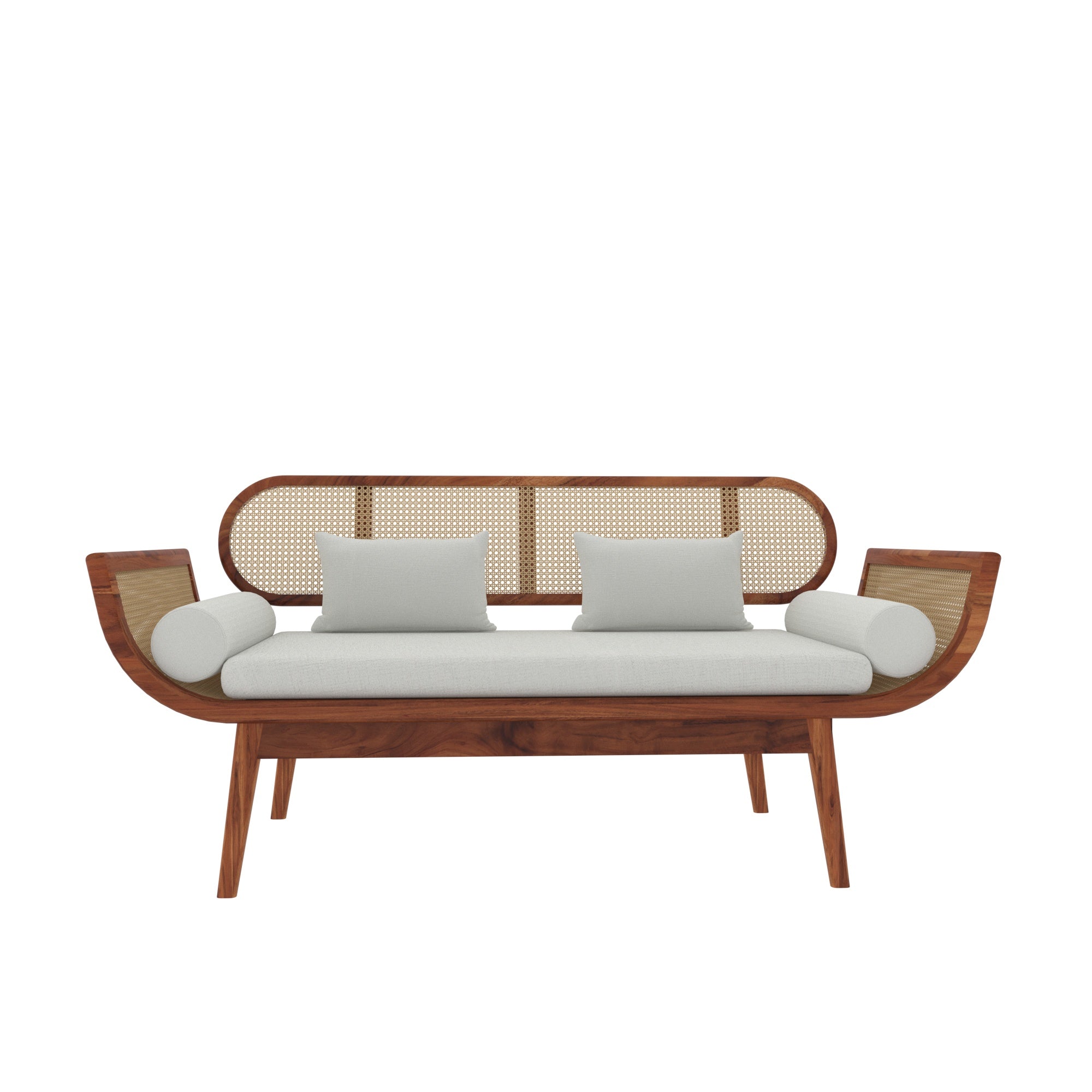 Handcrafted Wooden Daybed with Rattan Backrest and White Cushions Sofa