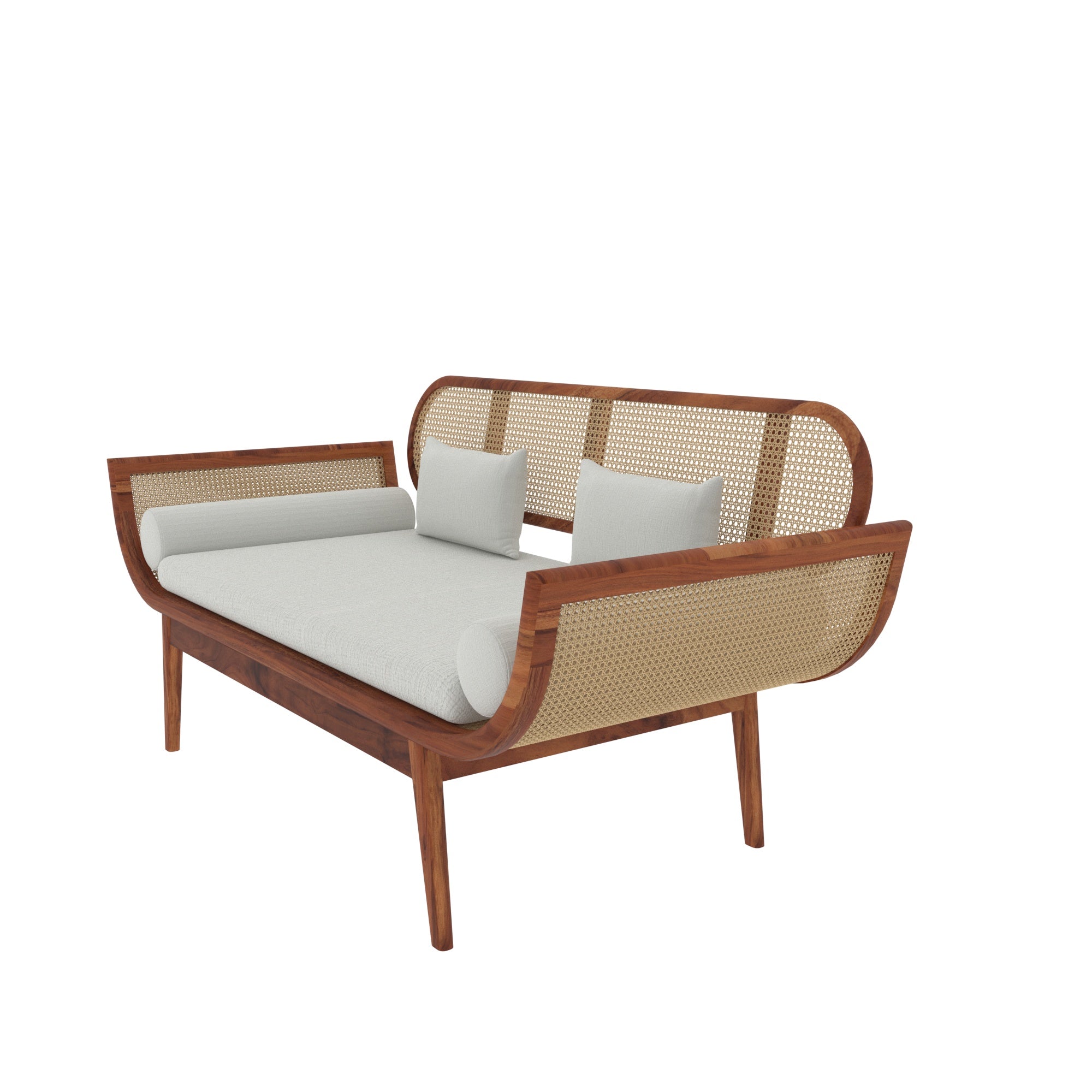 Handcrafted Wooden Daybed with Rattan Backrest and White Cushions Sofa
