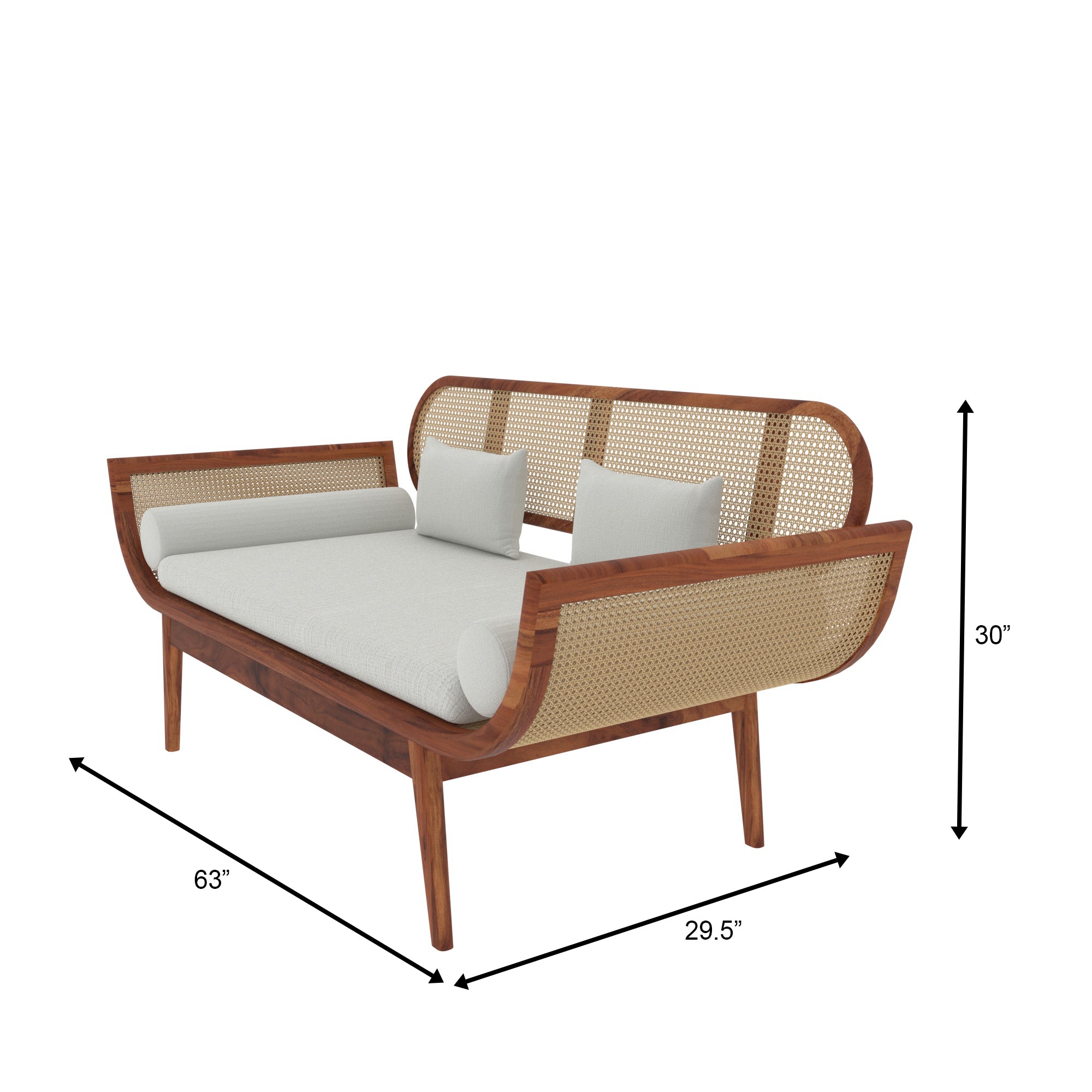 Handcrafted Wooden Daybed with Rattan Backrest and White Cushions Sofa