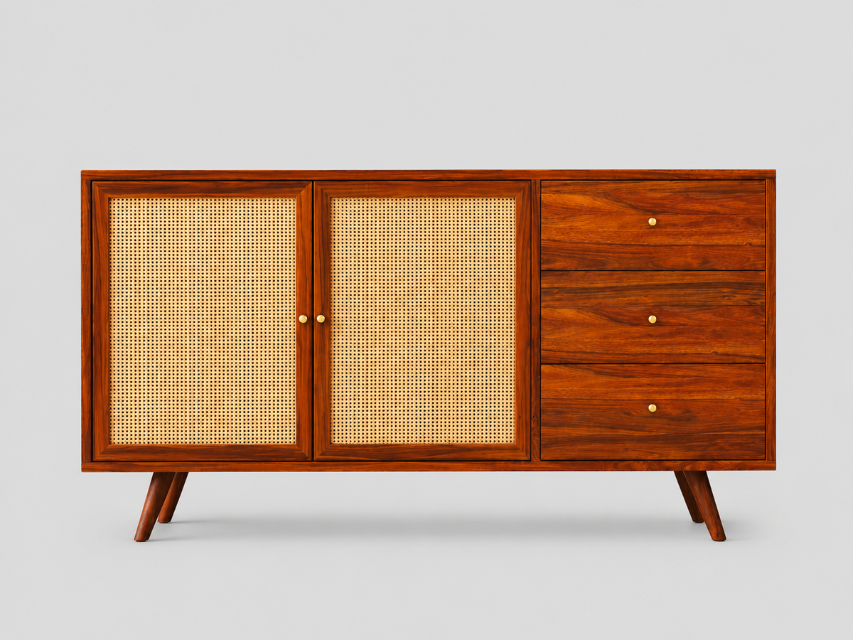 Elegant Cane Sideboard with Two Doors and Three Drawers sideboard