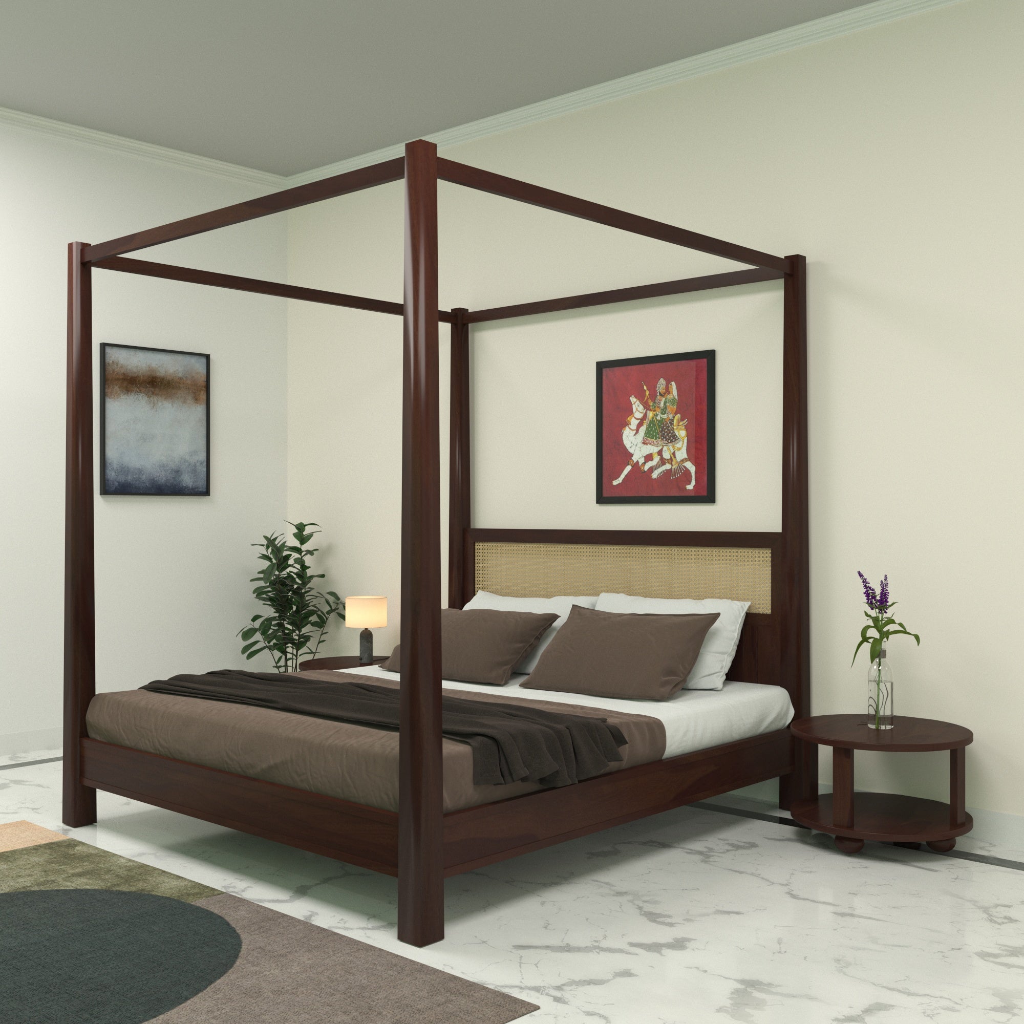 Four-Poster Canopy Bed with Cane Panel Headboard Bed