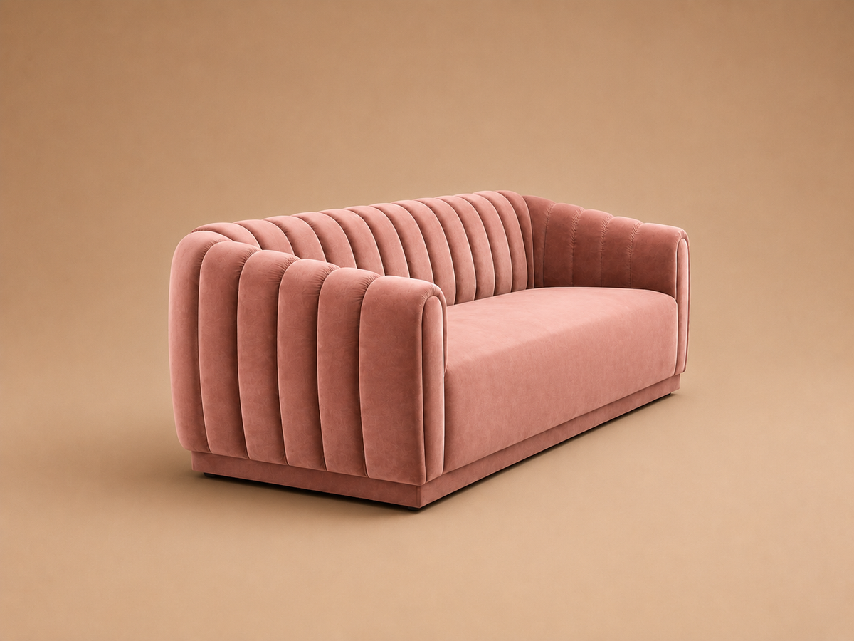 Modern Pink Channel-Tufted 3-Seater Sofa with Curved Arms Sofa