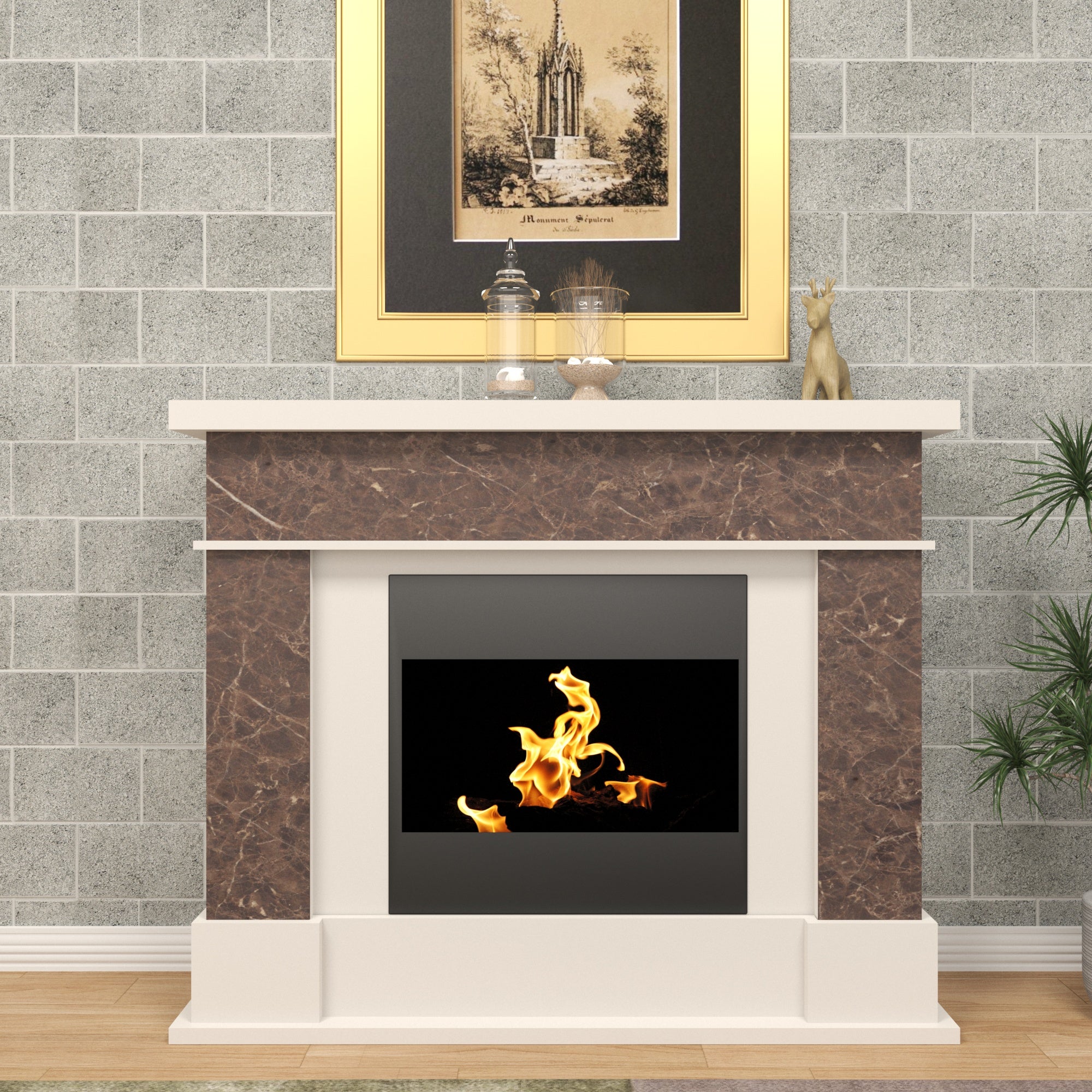 Modern Fireplace Mantel with Rich Brown Stone finish and White Frame Fire Mantel