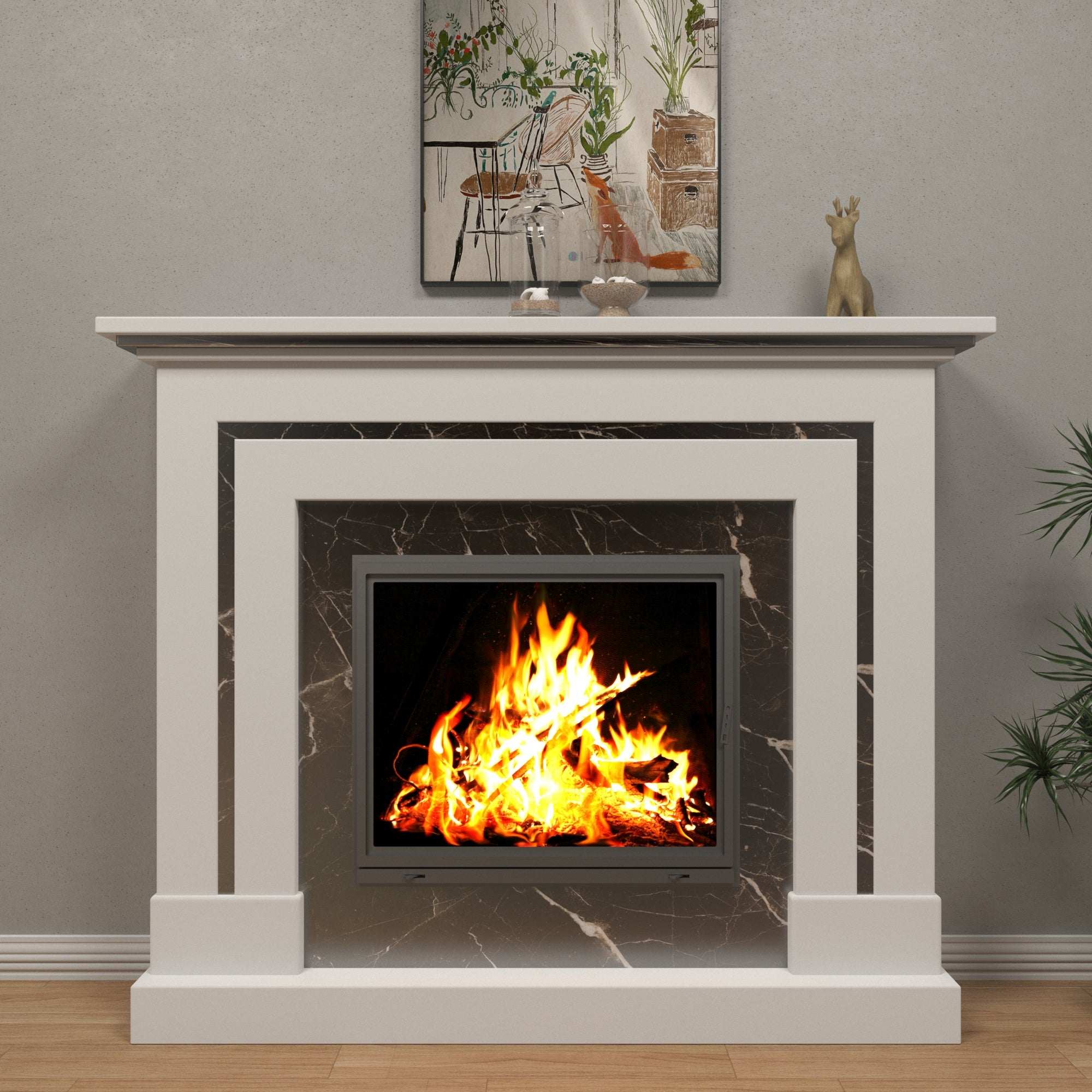 Contemporary White Fireplace Mantel with Contrasting Dark Surround Fire Mantel