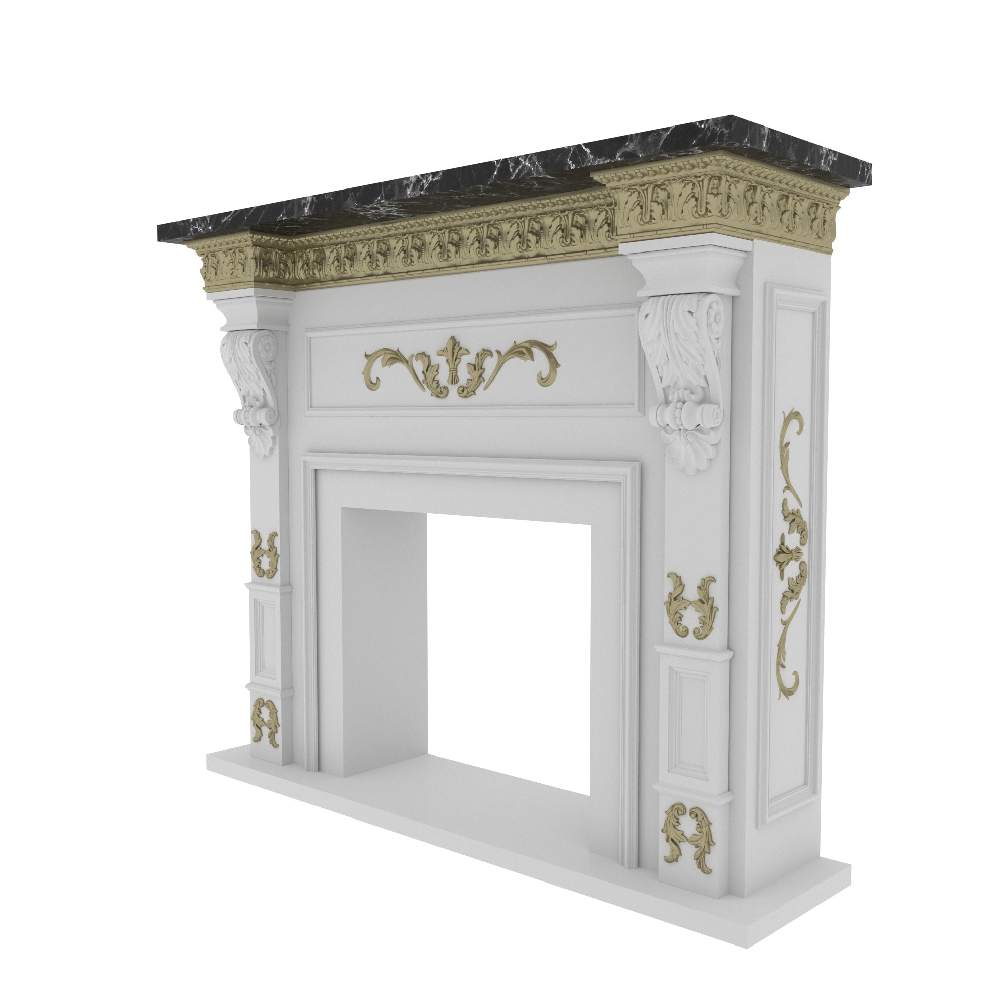 Ornate Fireplace Mantel with Hand-Carved Details and Dark Contrasting Top Fire Mantel