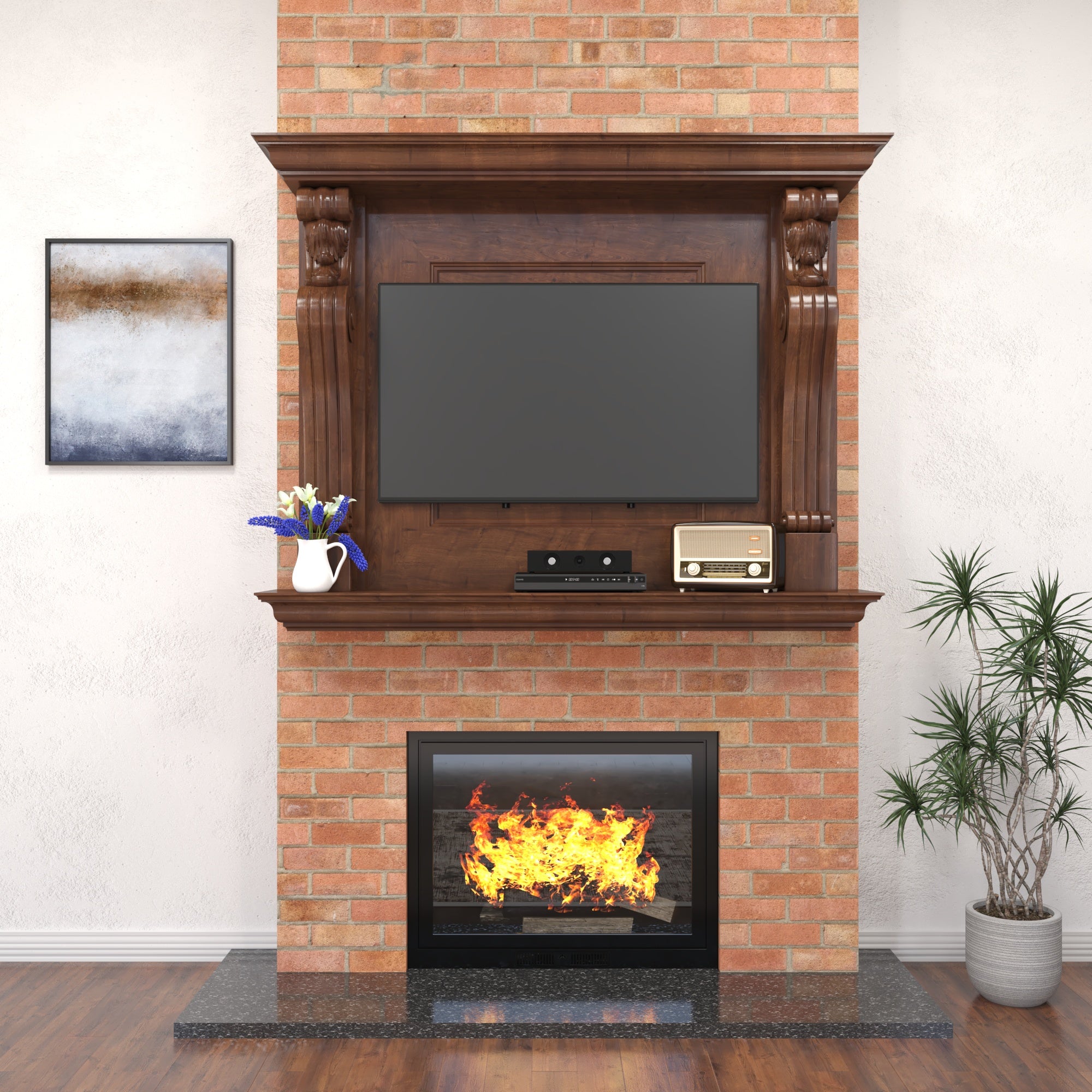 Hand-Carved Solid Wood Fireplace TV Wall Unit with Classic Mantel Shelf Fire Mantel